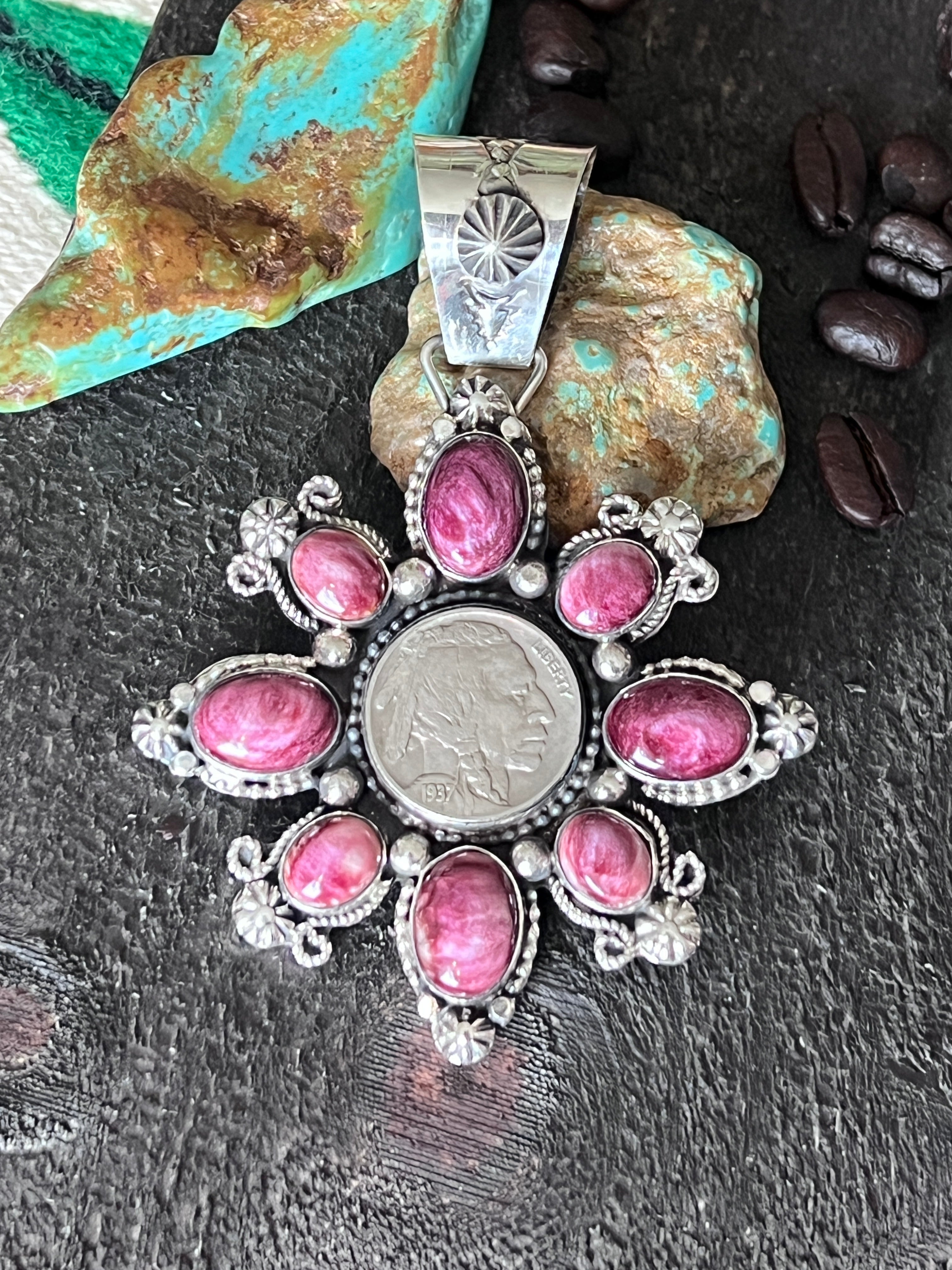 Sterling Silver, Indian Head Nickel and Purple Spiny Oyster Shell Cluster Pendant by Rosella Paxson