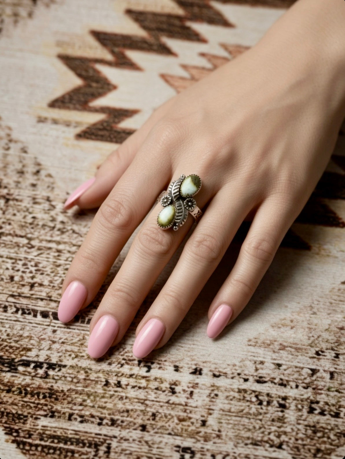 Beautiful Handmade Palomino Turquoise And Sterling Silver Adjustable 2 Stone Flower Leaf Ring