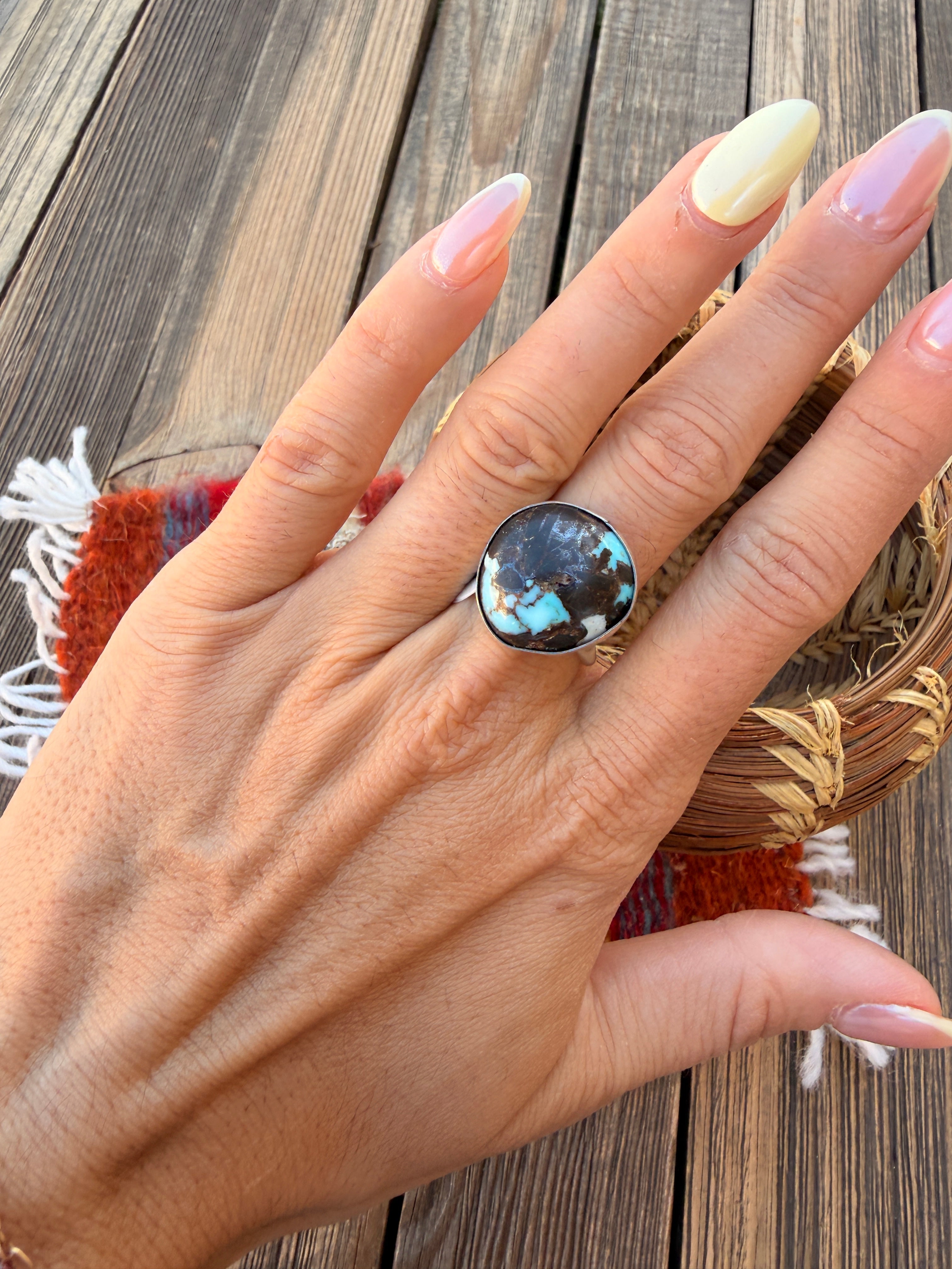 Handcrafted Turquoise & Sterling Silver Ring Size 8.75