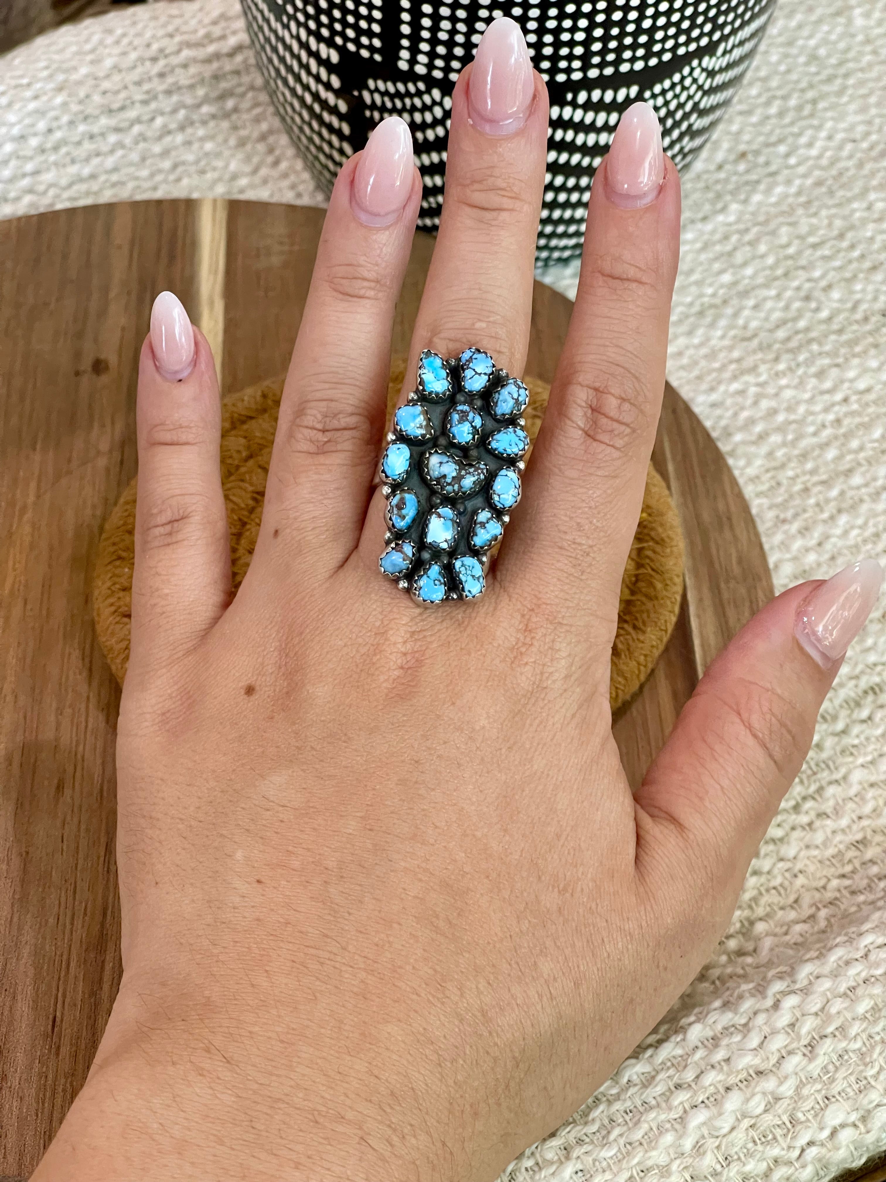 Gorgeous Handmade Sterling Silver & Golden Hills Turquoise Adjustable Cluster Ring