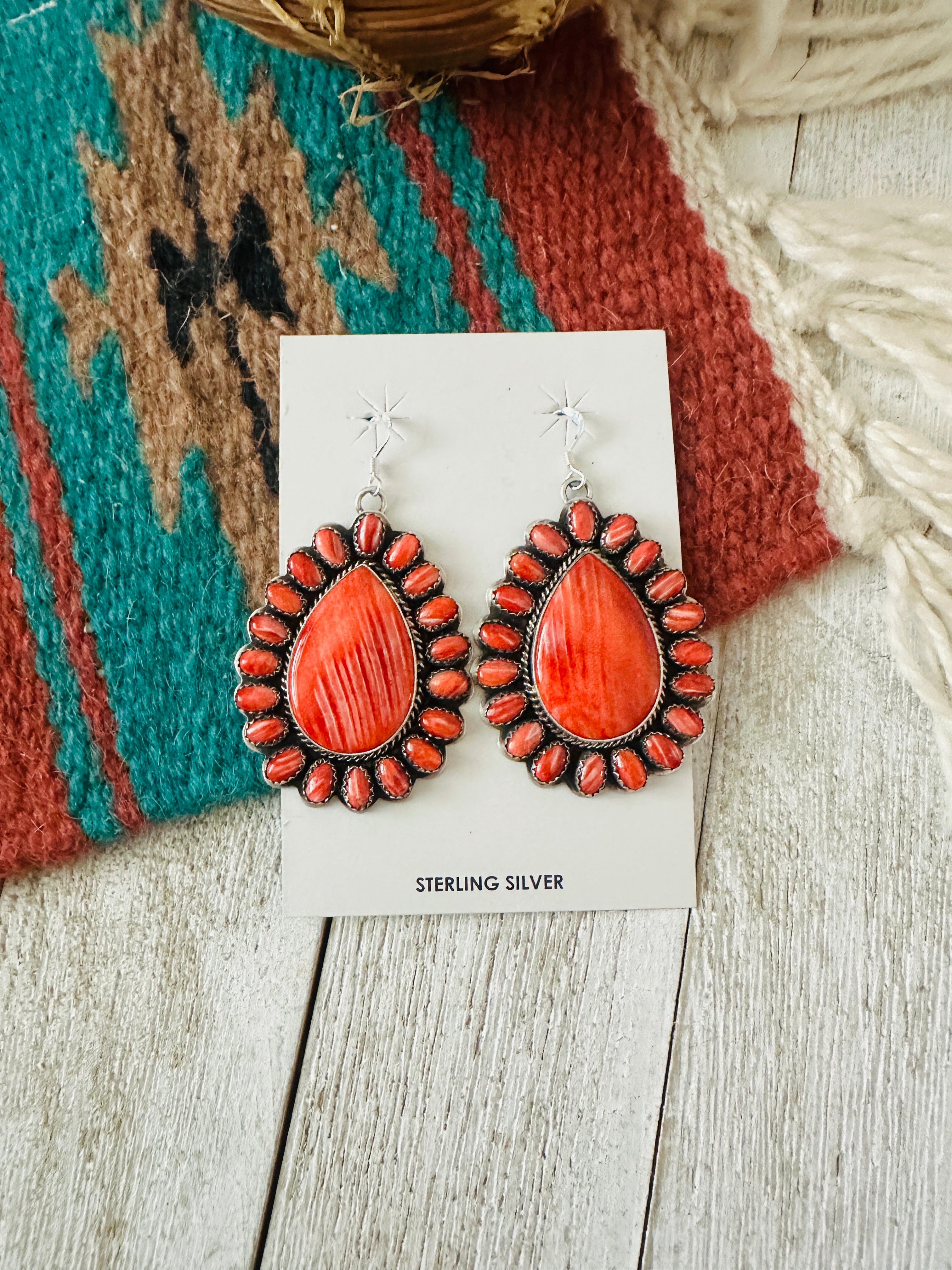 Navajo Sterling Silver & Red Spiny Cluster Dangle Earrings