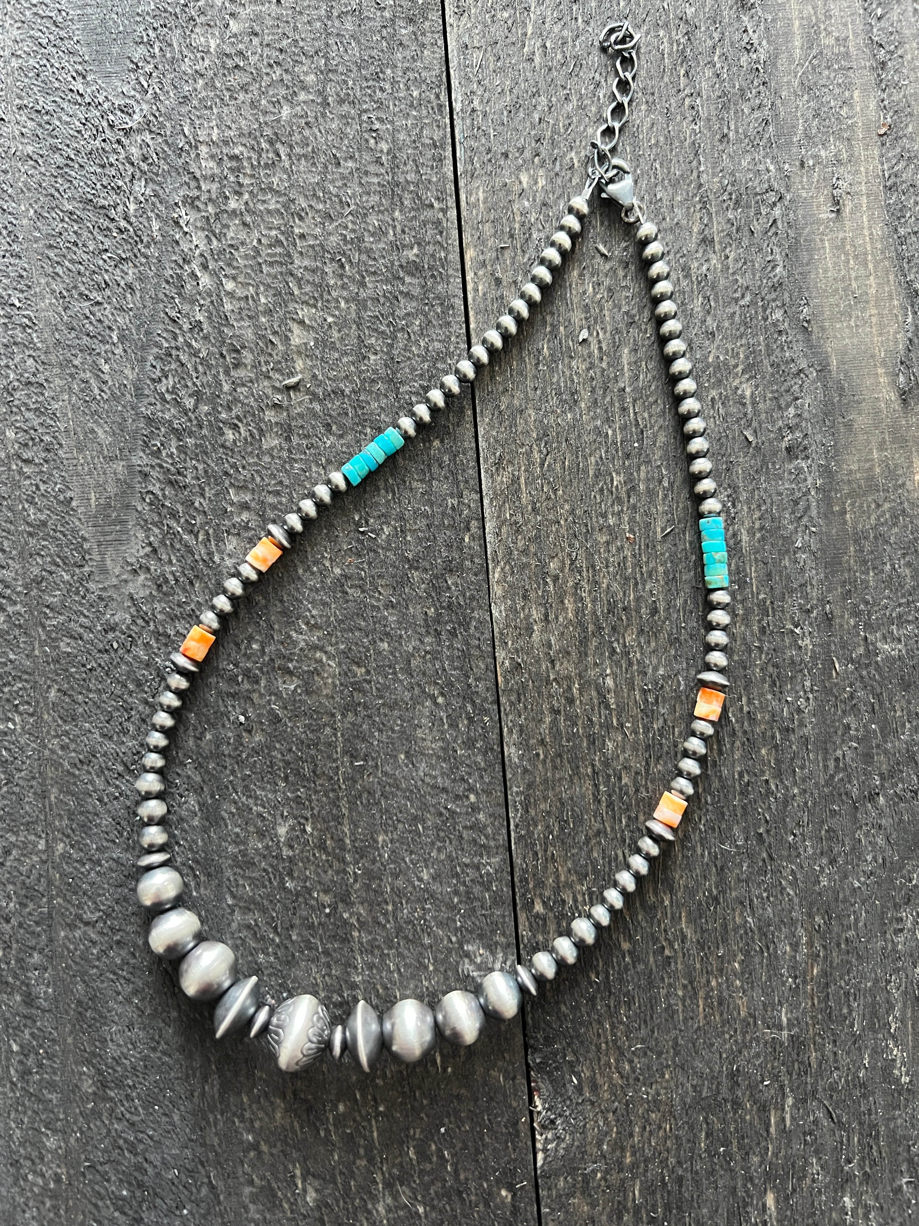 Summer Lovin’ Beaded Layering Necklace with Sterling Silver, Spiny Oyster Shell and Turquoise, 16” + 2”, The Flower Child