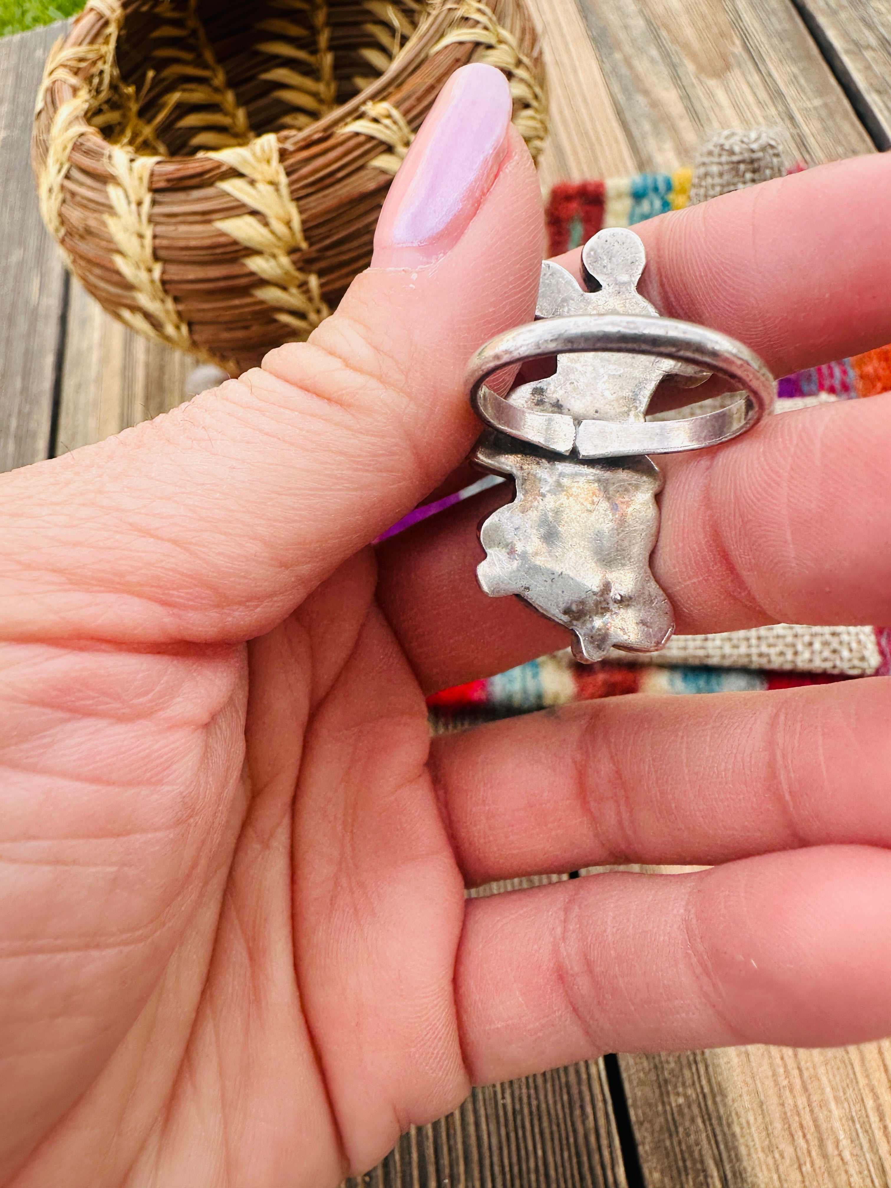 Old Pawn Handcrafted Multi Stone & Sterling Silver Character Ring Size 5.5