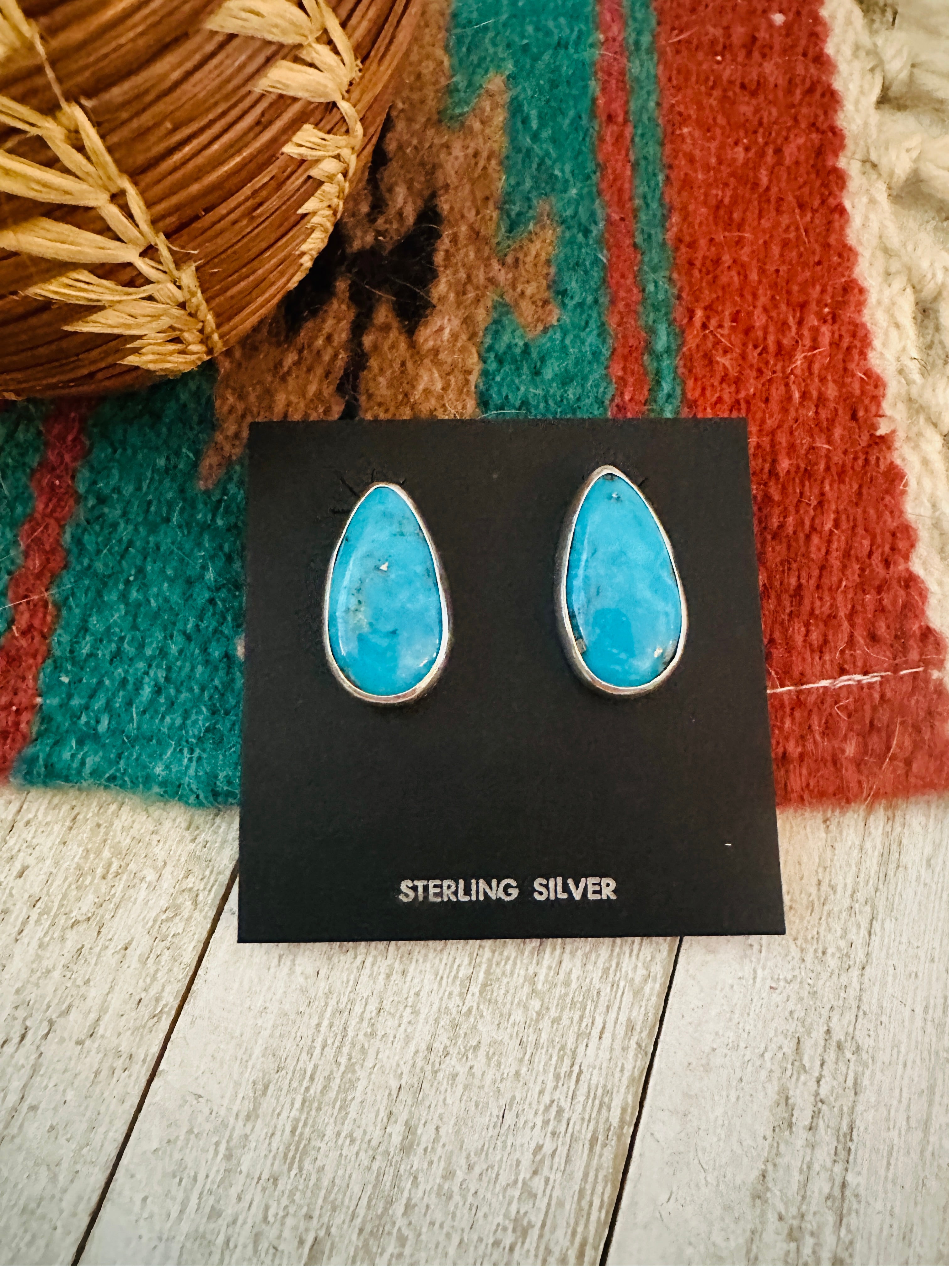 Handcrafted Turquoise & Sterling Silver Post Earrings Signed