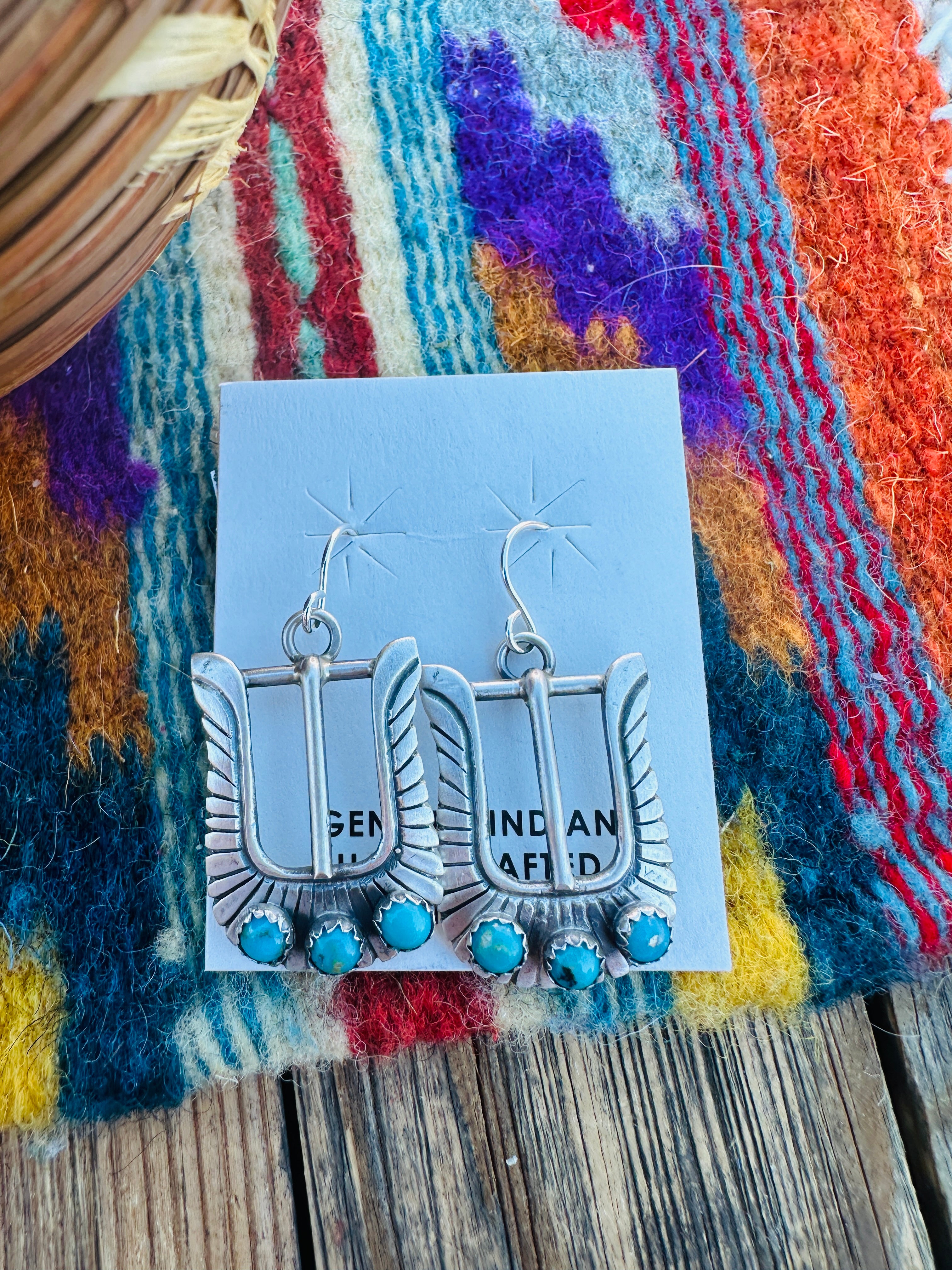 Handcrafted Turquoise & Sterling Silver Belt Buckle Dangle Earrings by Leroy James