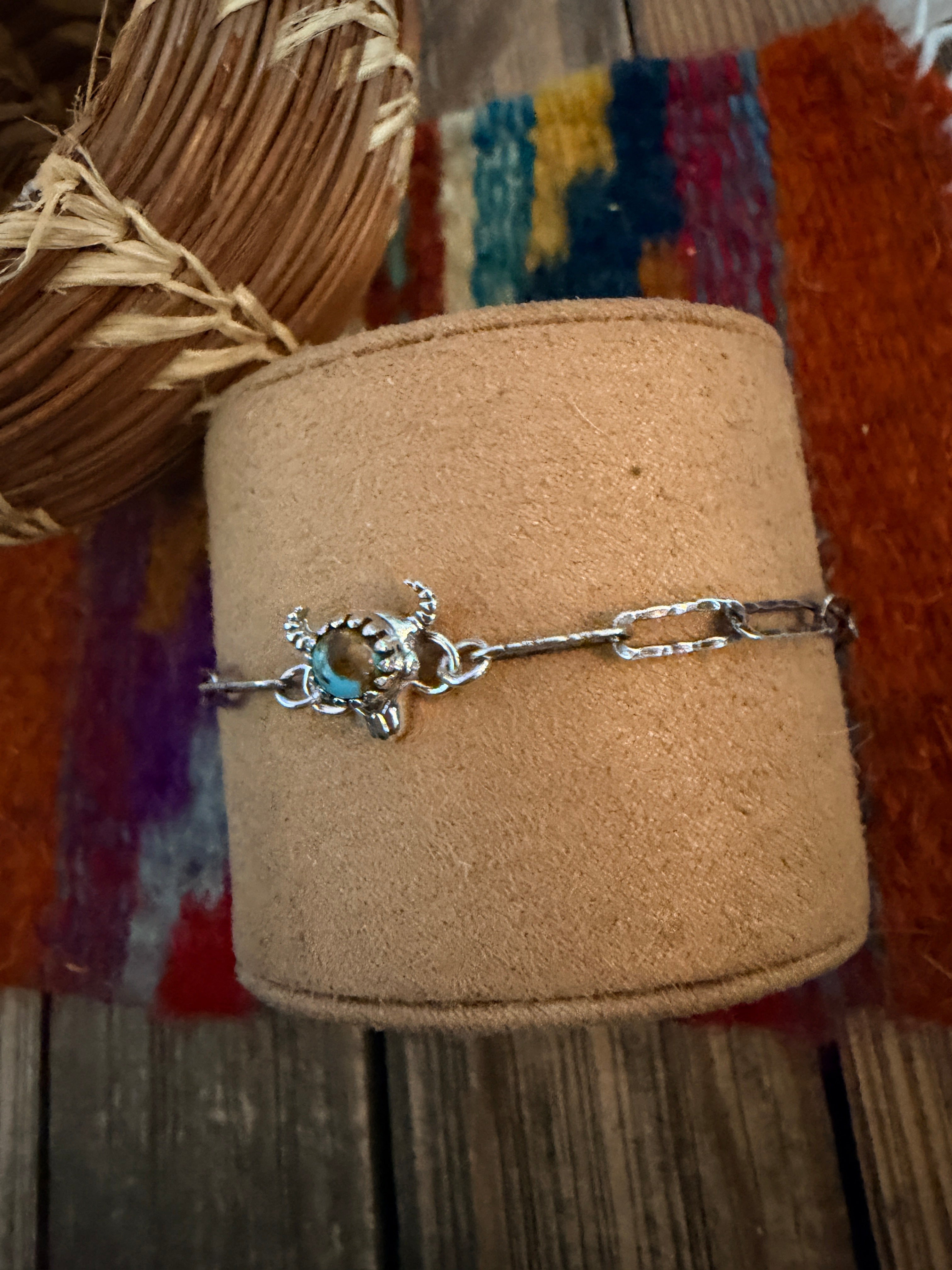 Handmade Sterling Silver and Turquoise Bullhead Link Bracelet