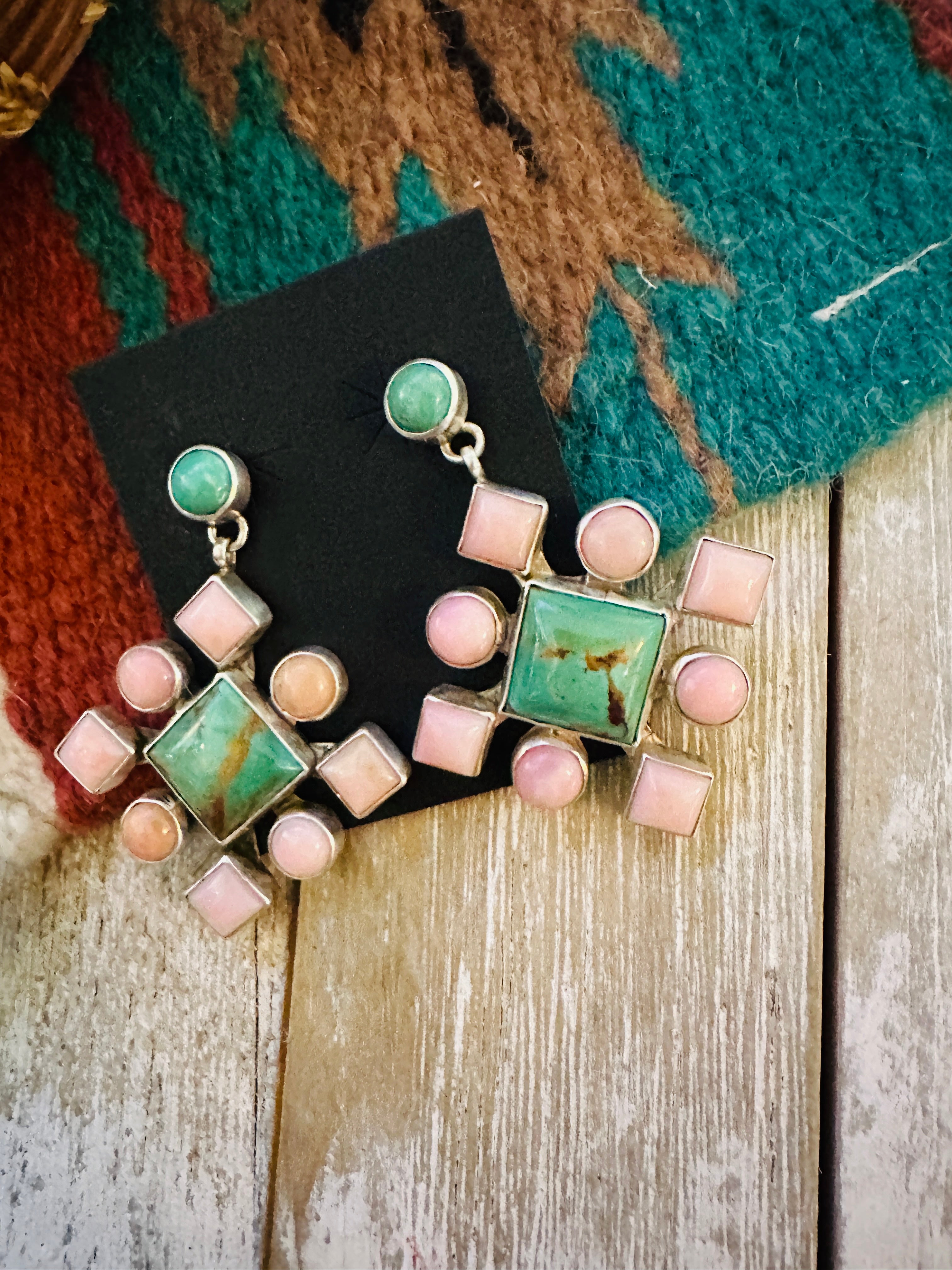 Handcrafted Queen Pink Conch, Turquoise & Sterling Silver Cluster Dangle Earrings