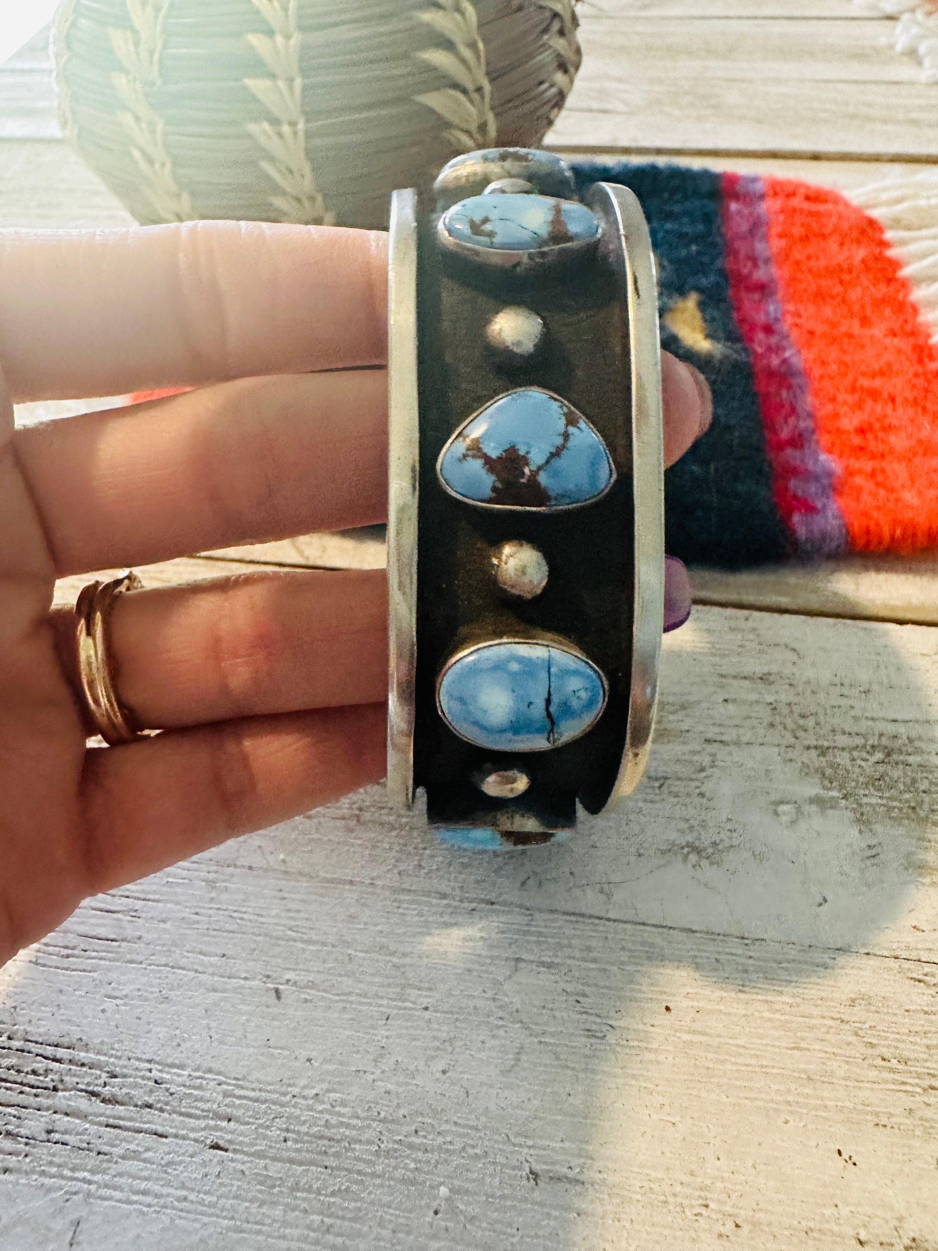 Handcrafted Golden Hills Turquoise & Sterling Silver Shadowbox Cuff Bracelet /