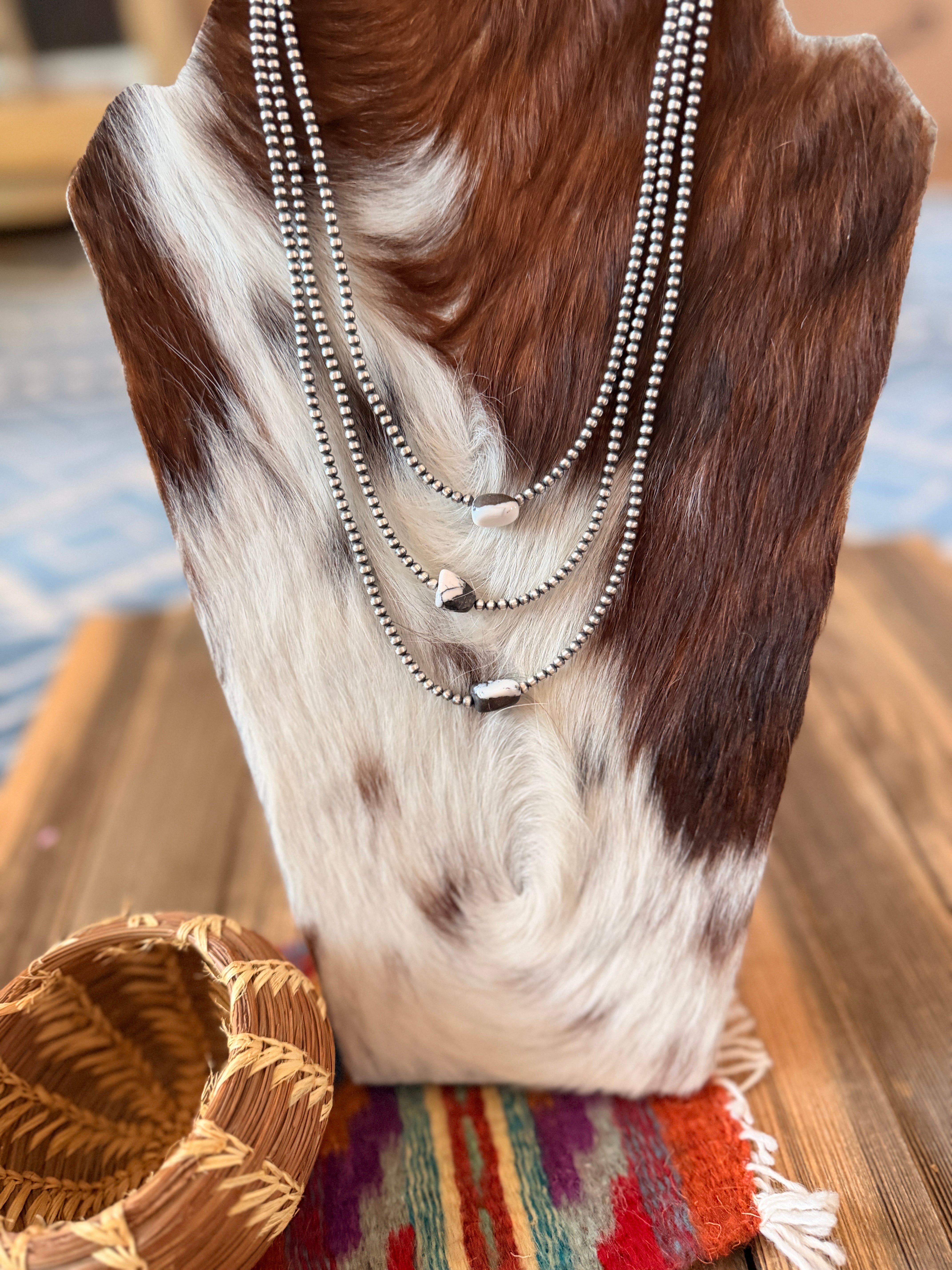 Handcrafted White Buffalo & 3mm Sterling Silver Pearl Beaded Necklace