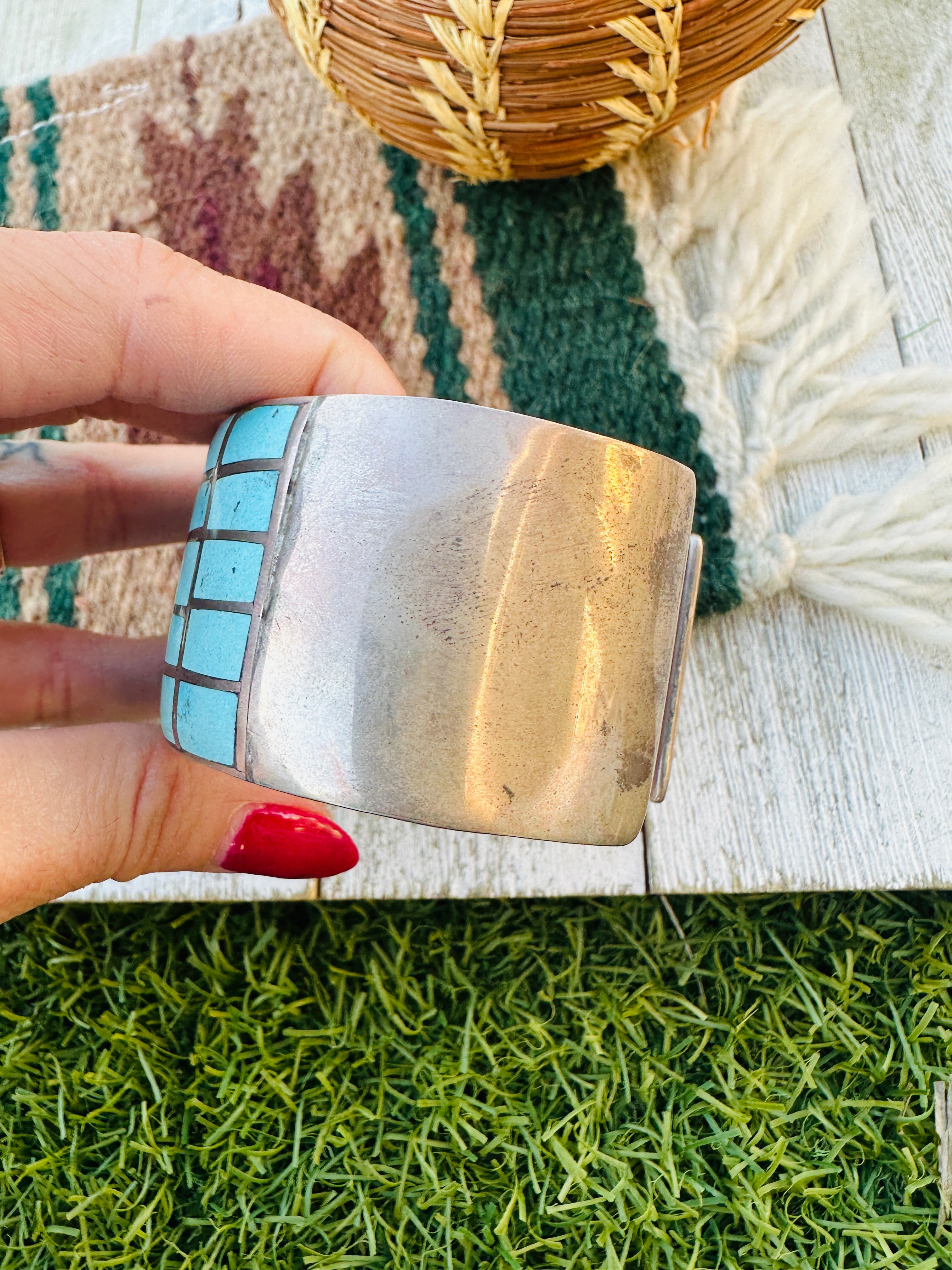 Handcrafted Old Pawn Sterling Silver & Turquoise Inlay Cuff Bracelet