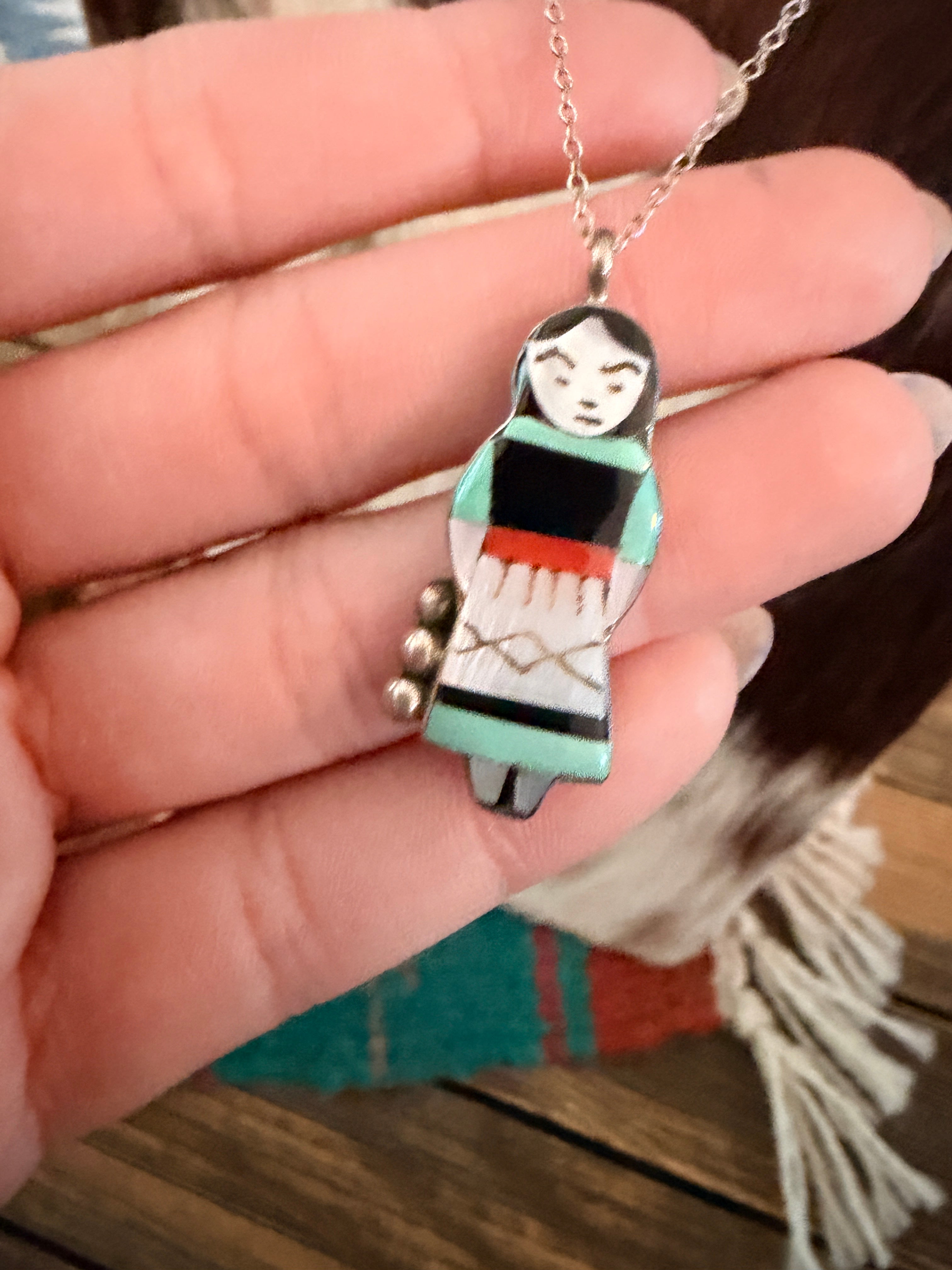 Old Pawn Handcrafted Sterling Silver and Multi Stone Inlay Maiden Girl Necklace