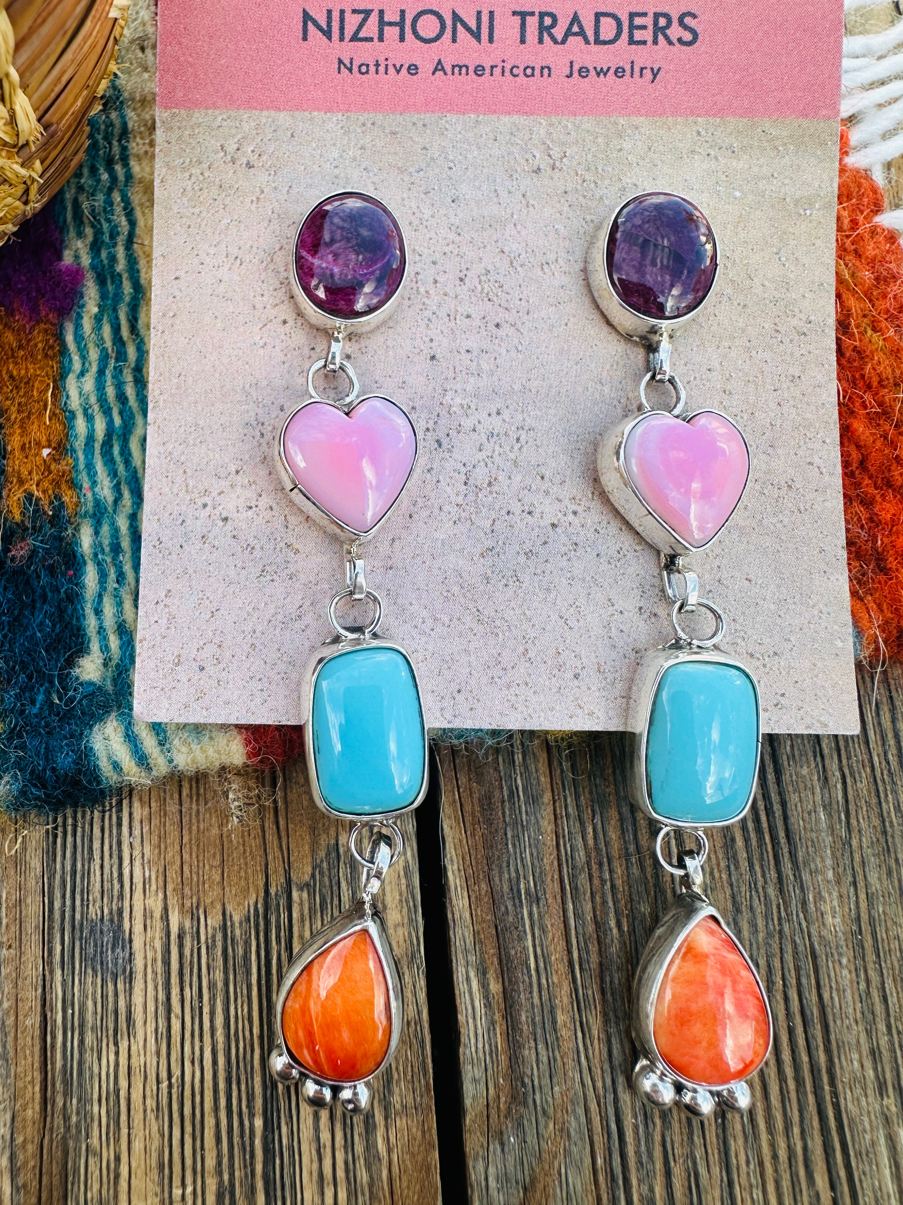 Handcrafted Multi Stone And Sterling Silver Heart Dangle Earrings by Juanita McDonald