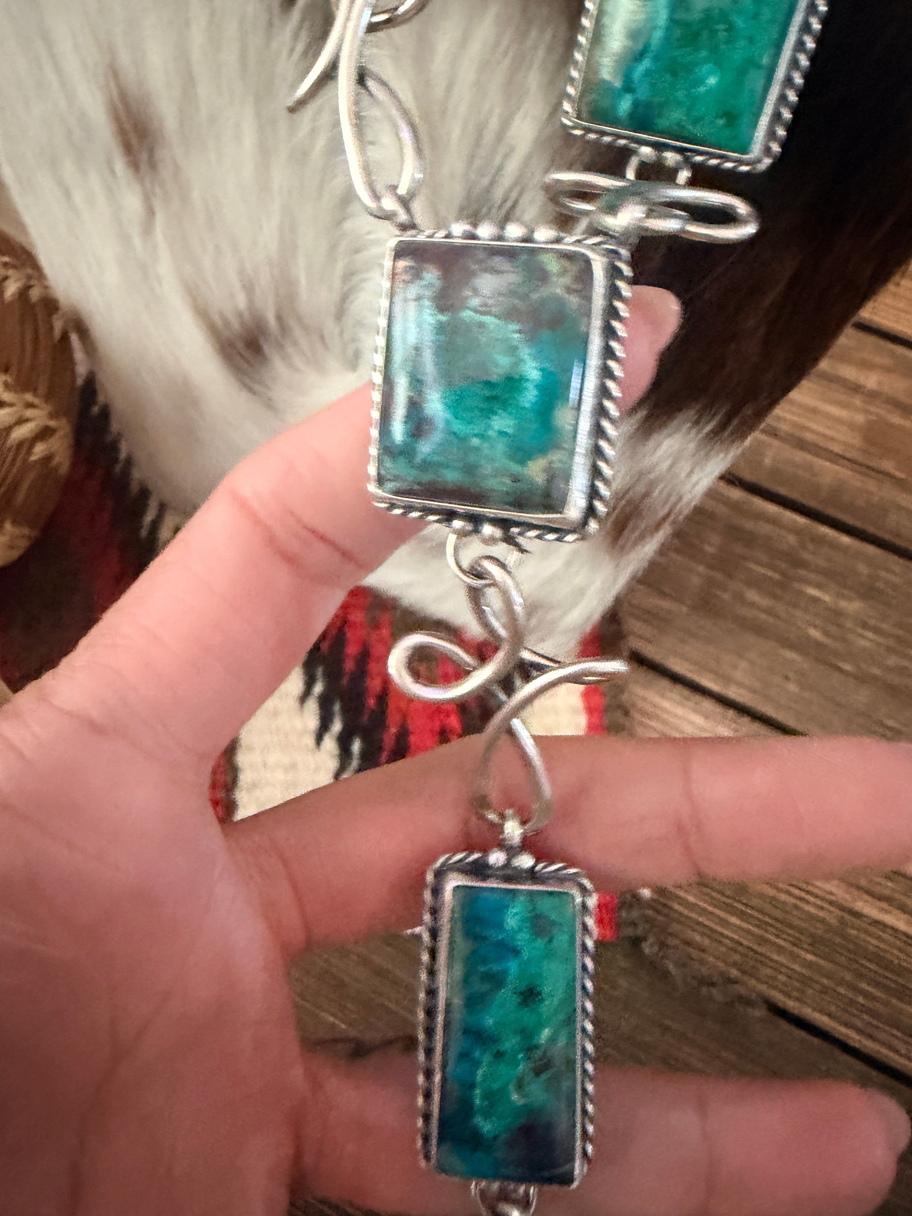 Handcrafted Chrysocolla & Sterling Silver Necklace and Earring Set by Larry Kaye
