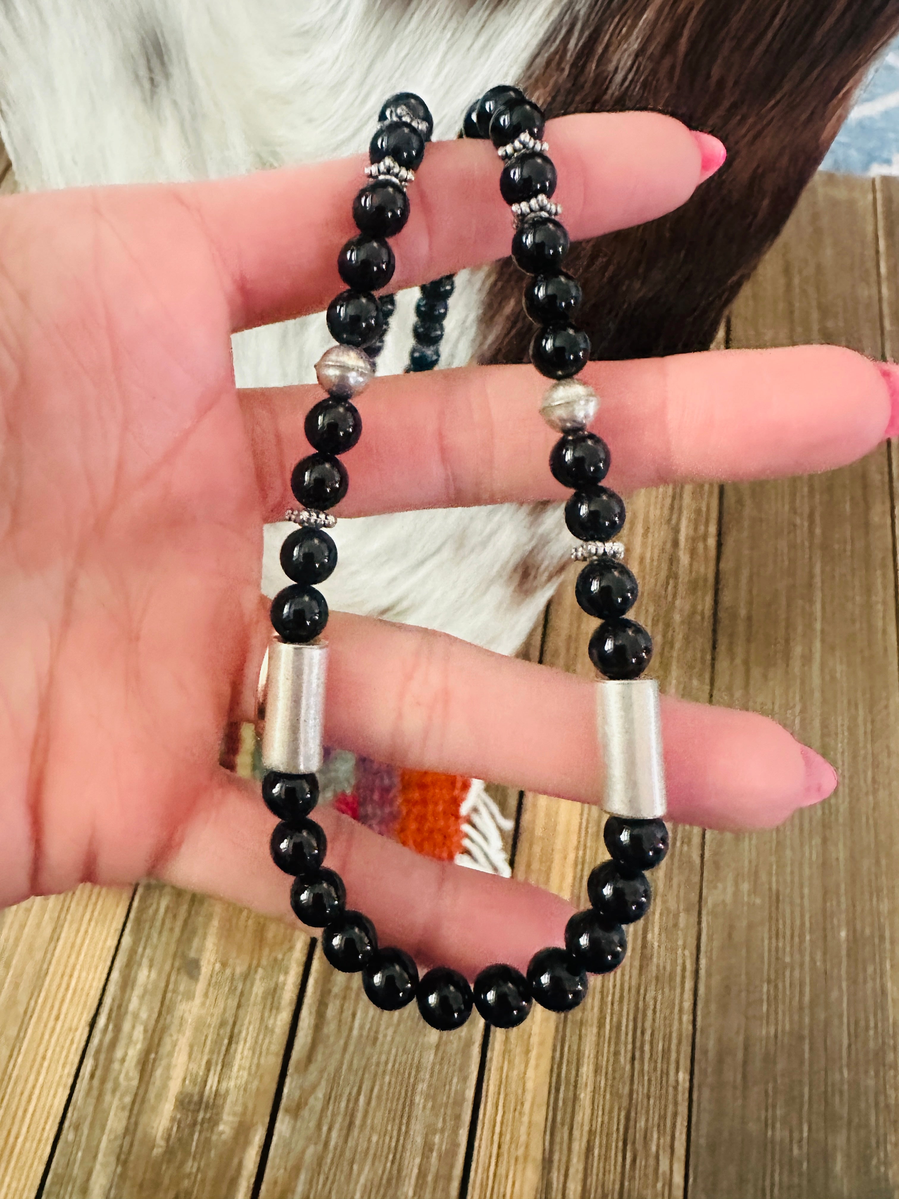 Handcrafted Black Onyx & Sterling Silver Beaded 18” Necklace by T & R Singer