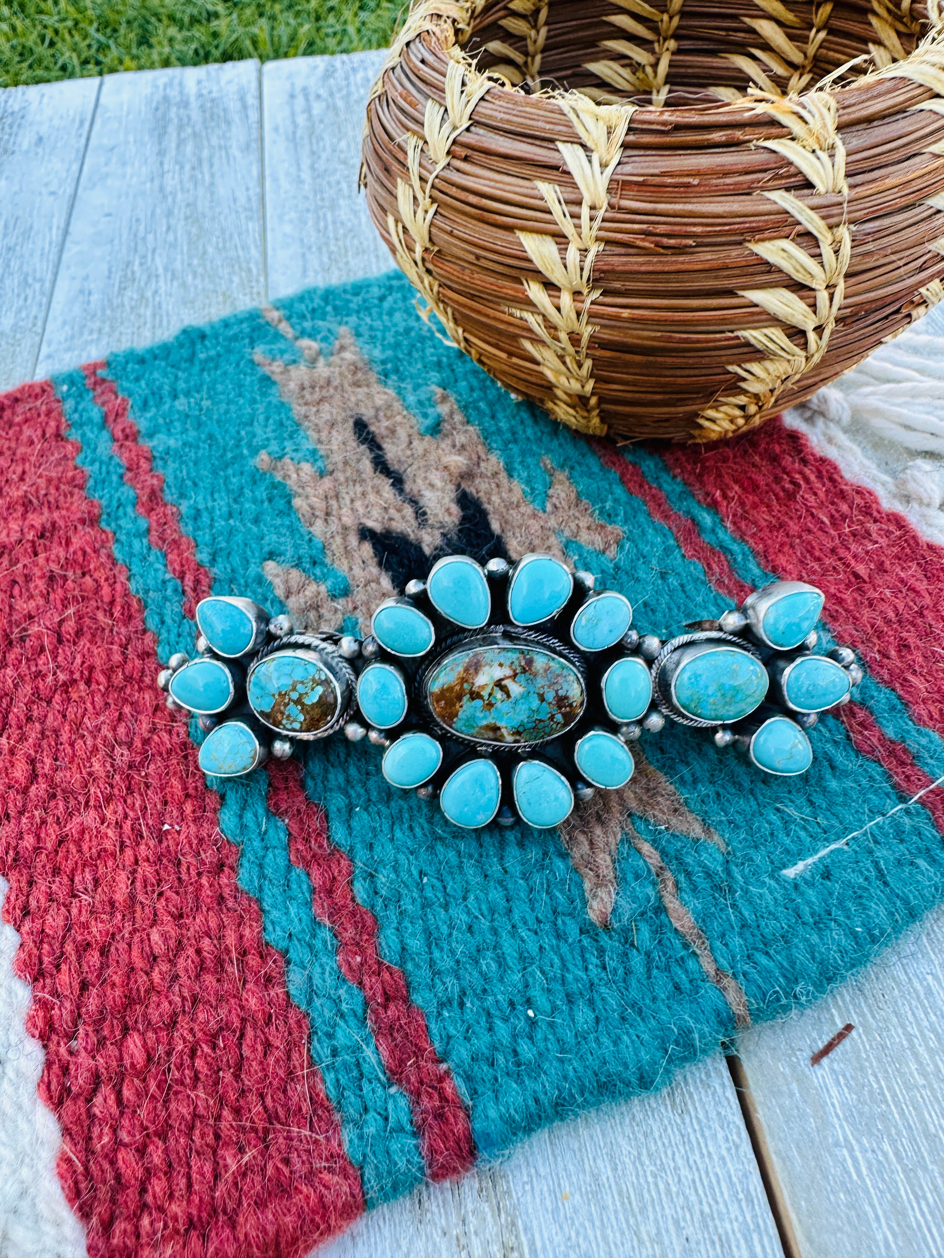 Handcrafted Turquoise & Sterling Silver Cluster Hair Barrette