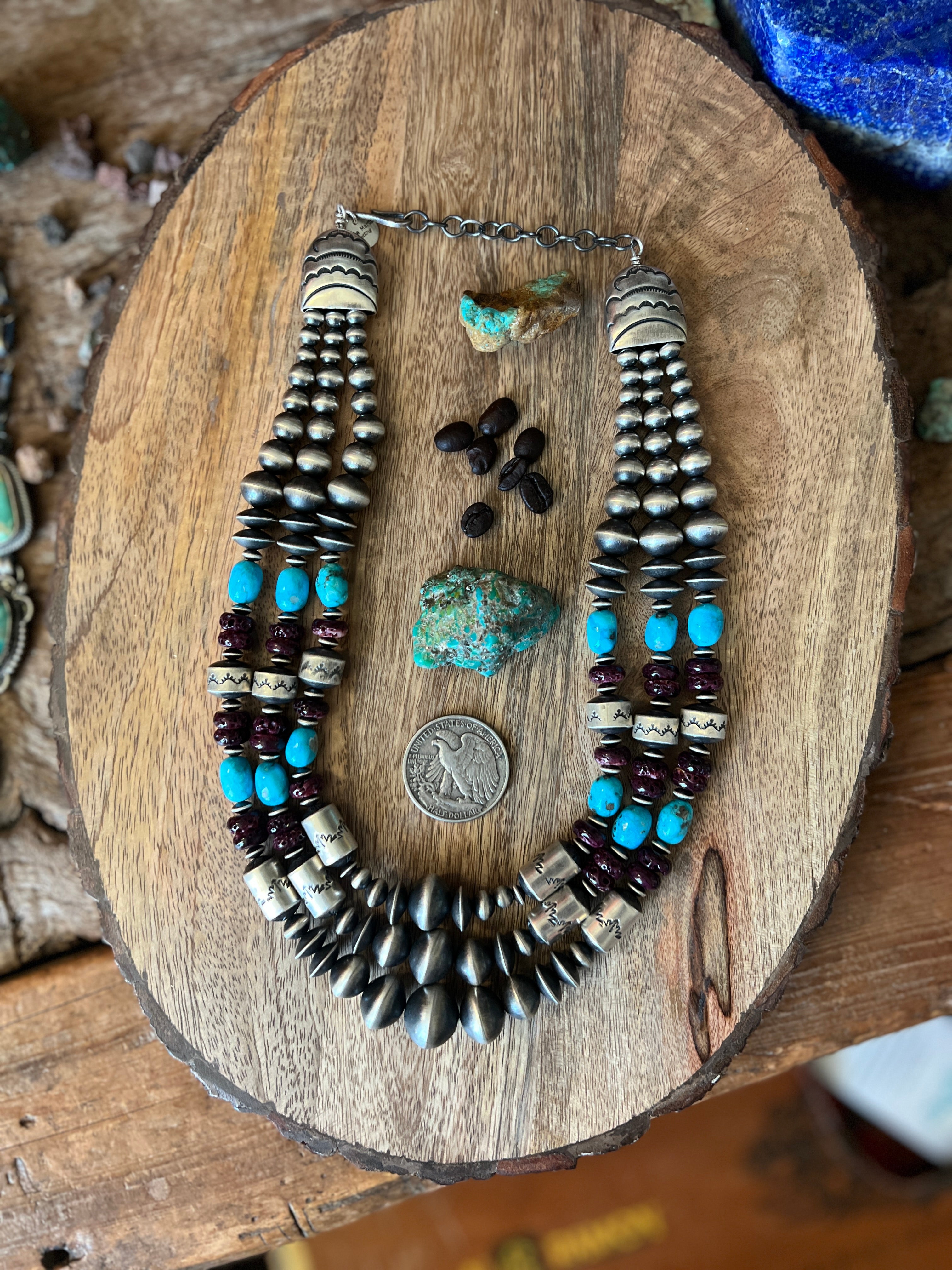 Rose Martin Handcrafted Triple Strand Sterling Silver, Spiny Oyster and Sonoran Mountain Bead Necklace