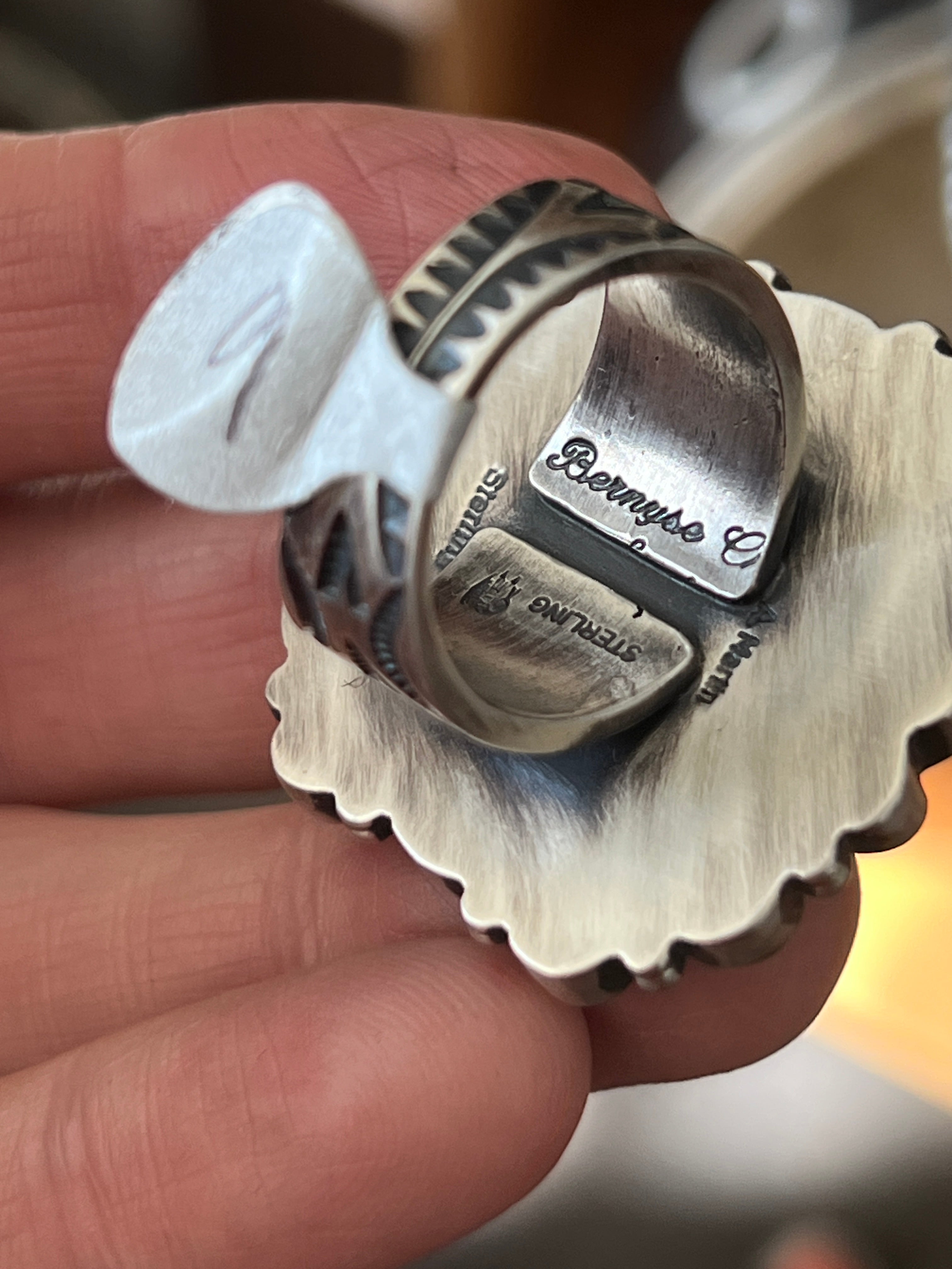 Navajo Electric Rainbow Turquoise and Spiny Oyster Ring by Angela Martin and Bernyse Chavez, Size 7.5-8