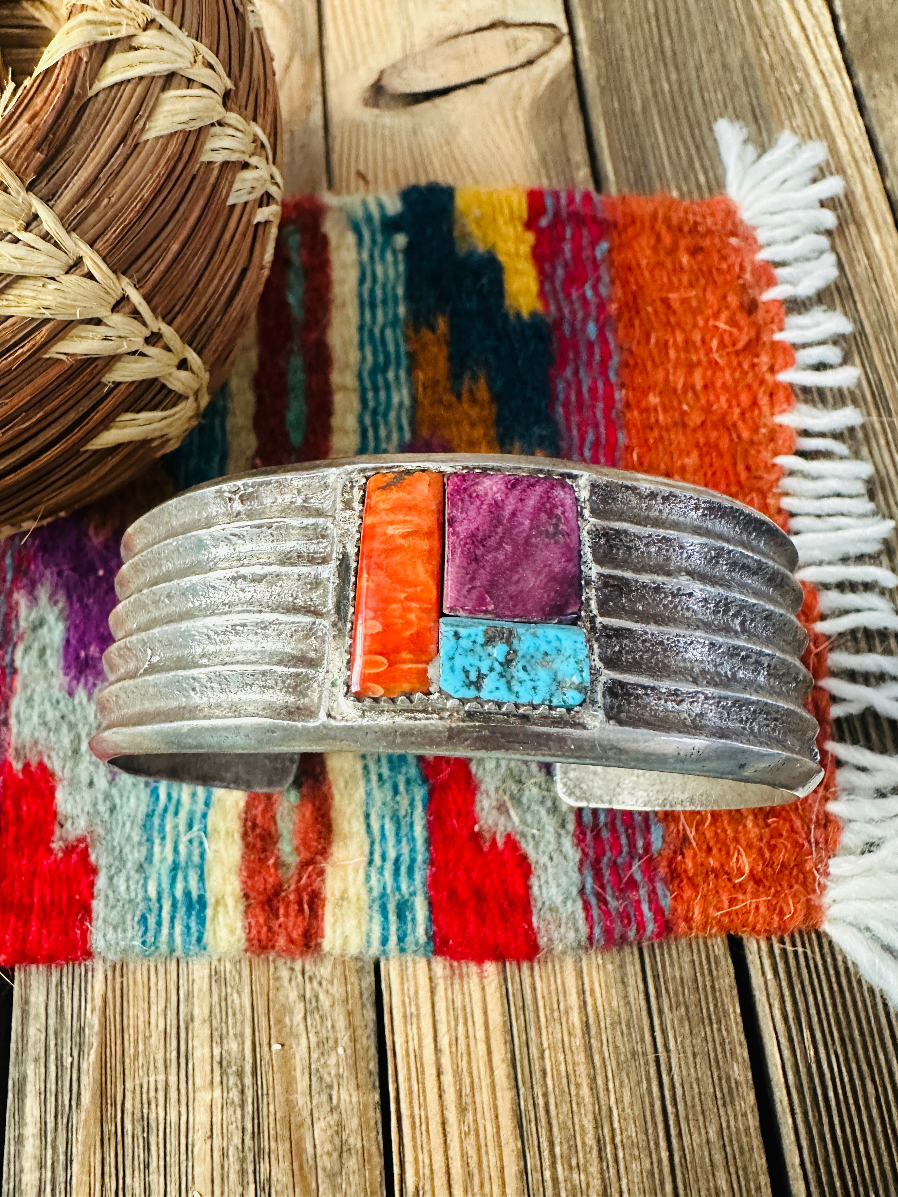 Handcrafted Old Pawn Turquoise, Spiny & Sterling Silver Inlay Cuff Bracelet by Raymond Betsoi