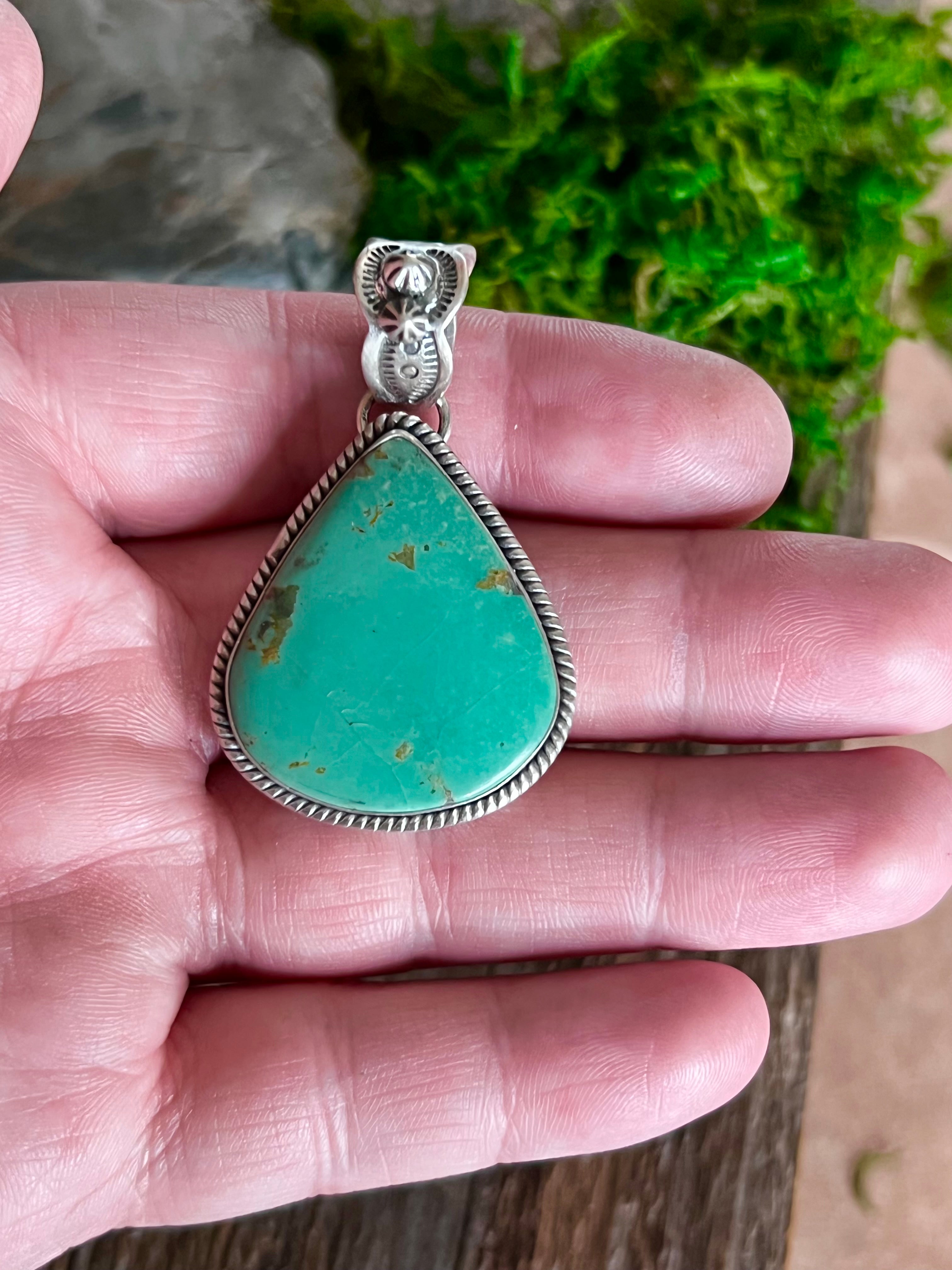 Handmade Green Turquoise Tear Drop Sterling Silver Pendant