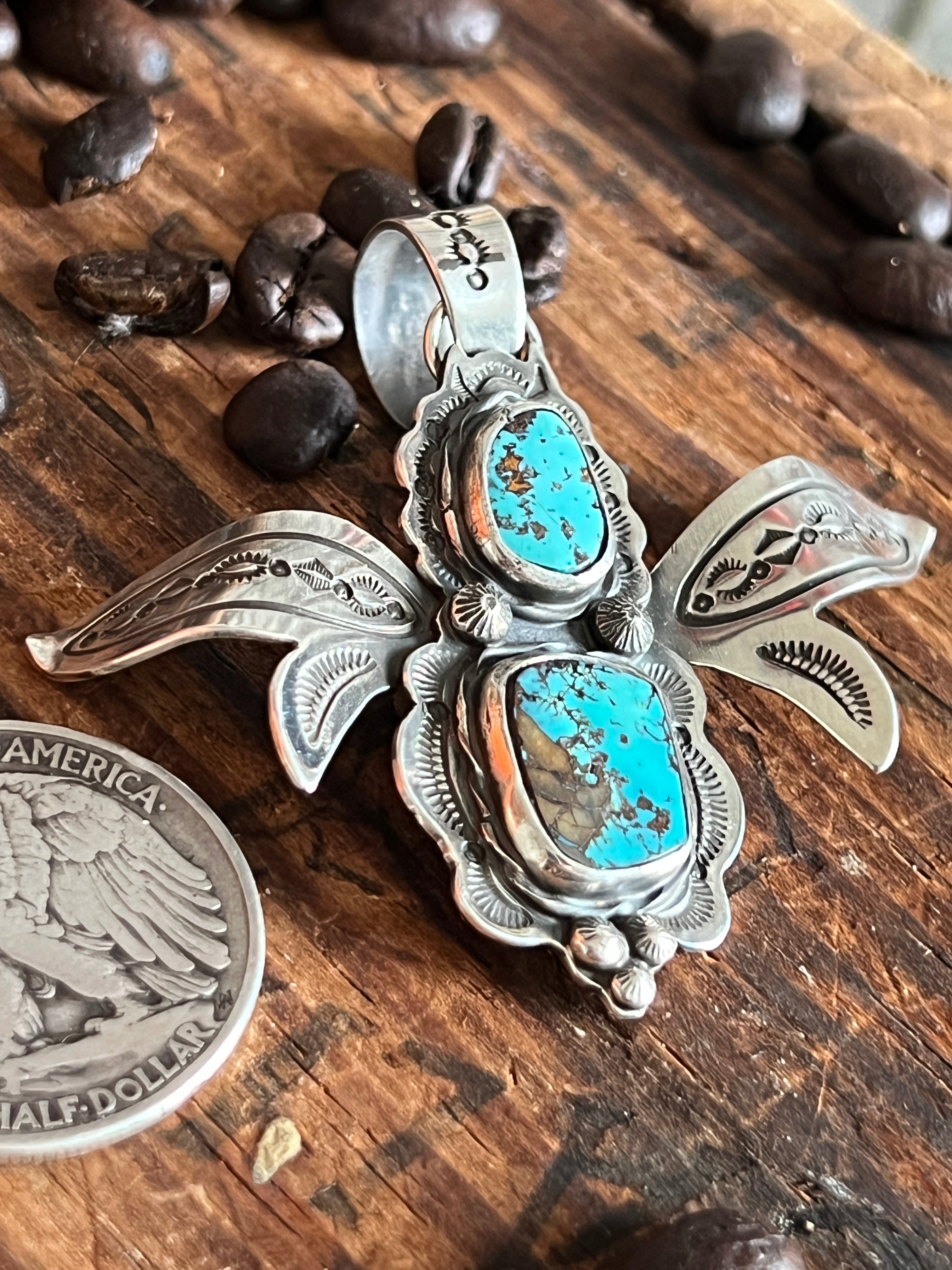 Handcrafted Kimari Somers Sterling Silver and Turquoise Winged Bug Pendant