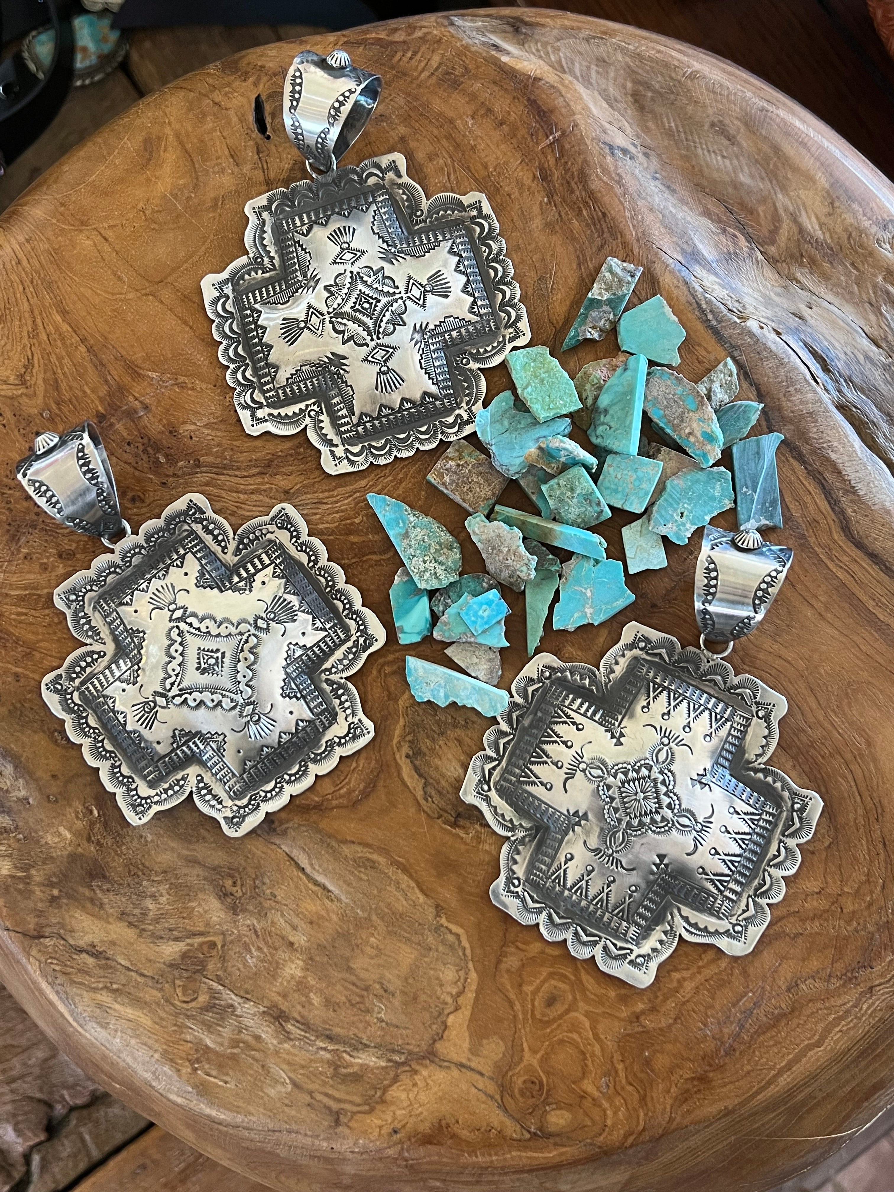 Handcrafted Hand Stamped Sterling Silver Santa Fe Cross Pendant by Victor Platero