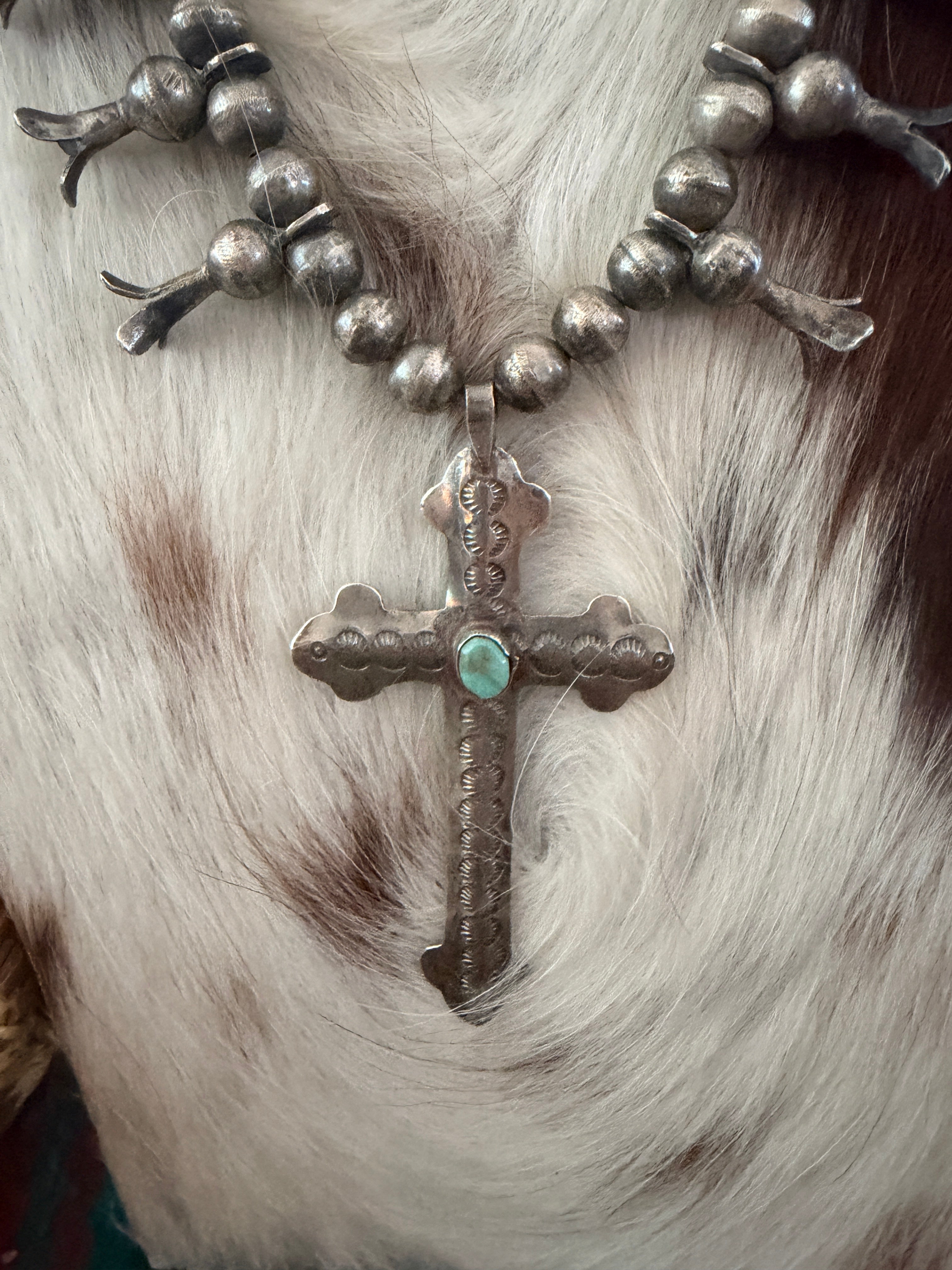 Old Pawn Handcrafted Turquoise & Sterling Silver Cross Squash Blossom Necklace