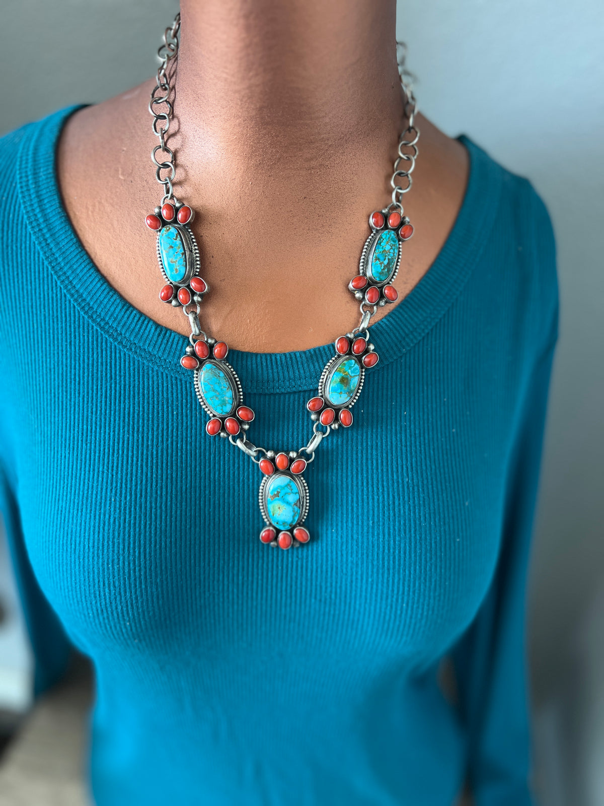 Kathleen Chavez Sterling Silver, Kingman Turquoise & Mediterranean Coral Taos Collection Necklace & Earrings Set