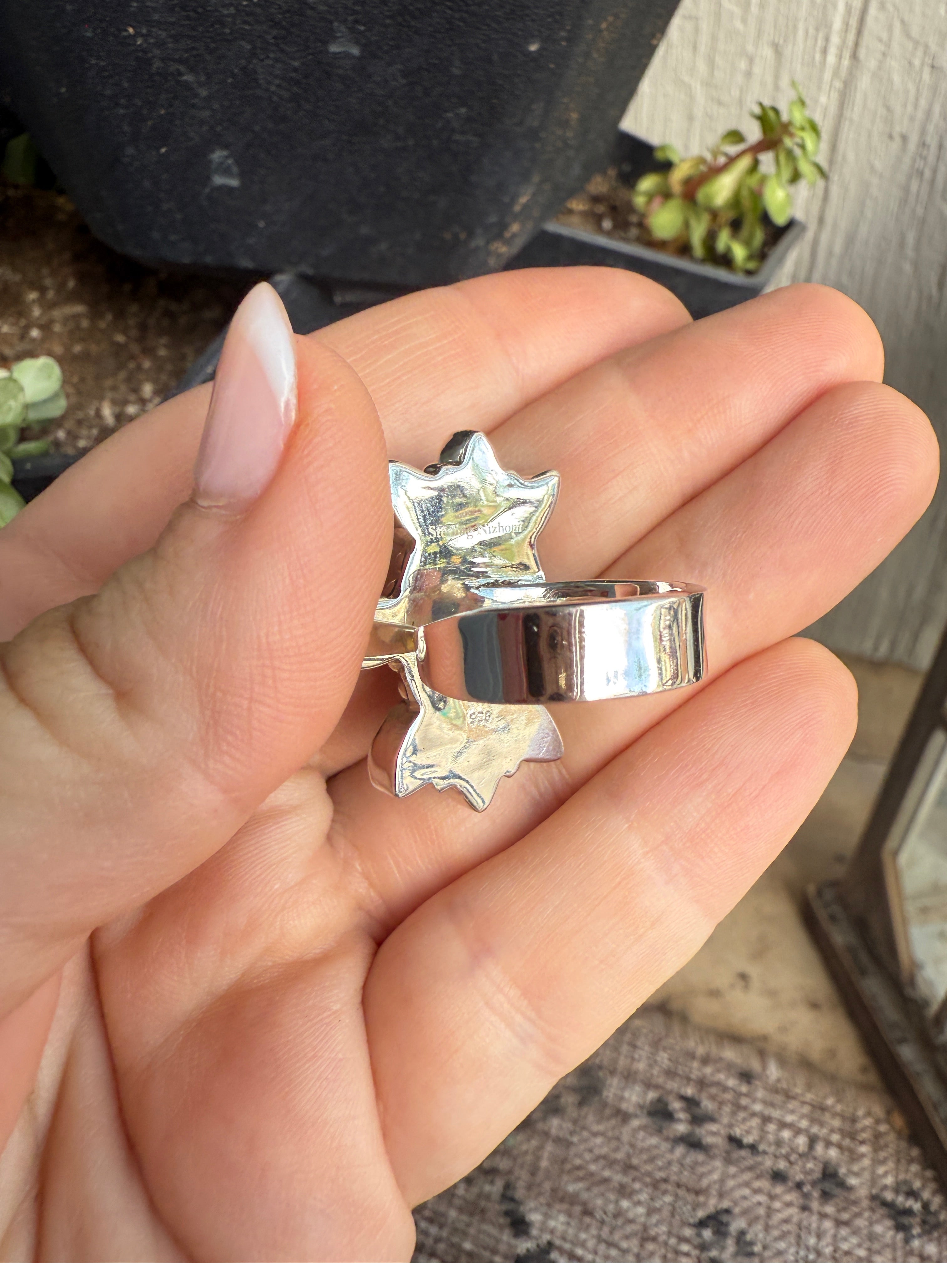 Handmade Coral, White Buffalo & Sterling Silver Adjustable Ring Signed Nizhoni