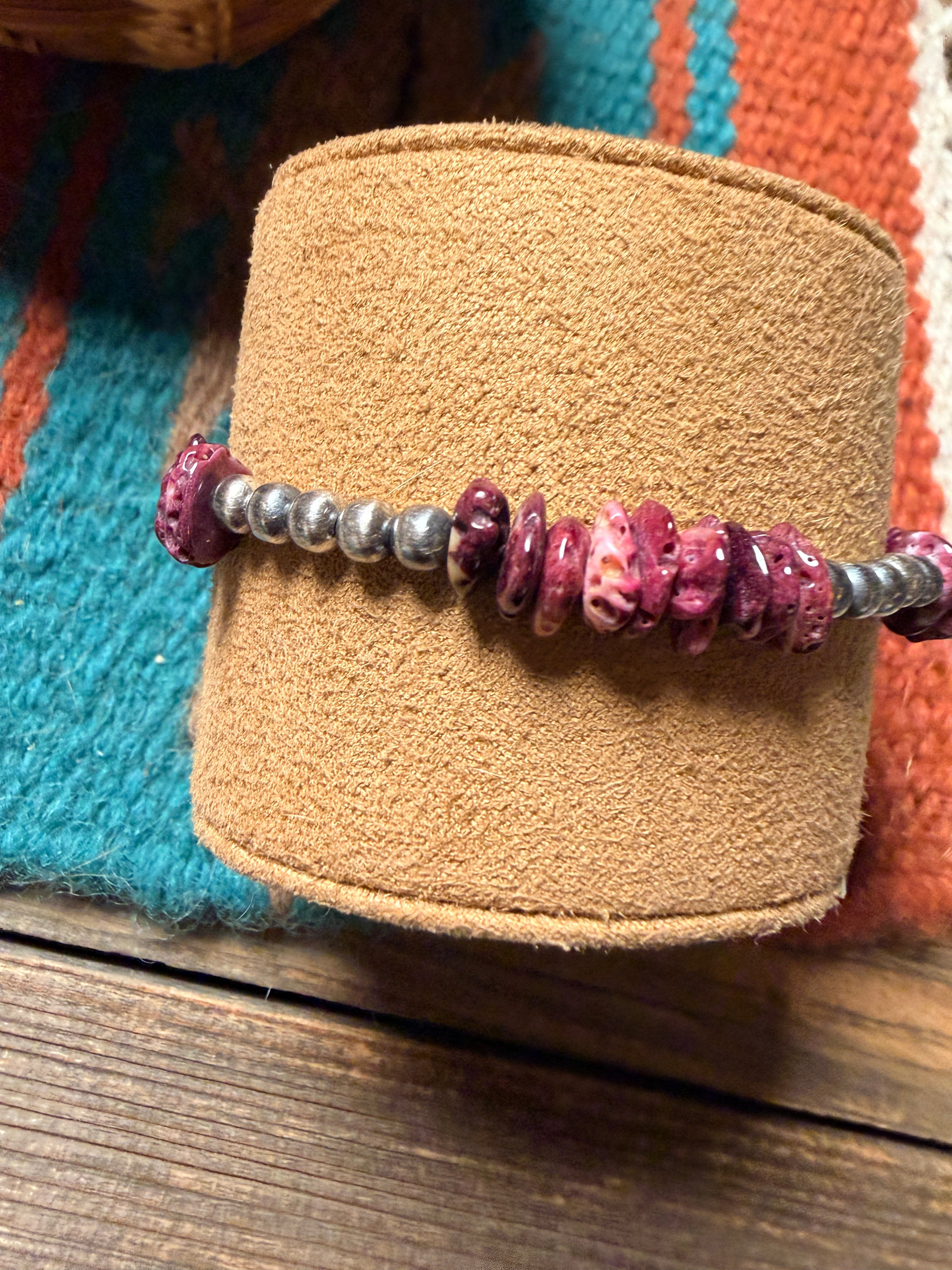 Handcrafted Purple Spiny Oyster & Sterling Silver Beaded Stretch Bracelet