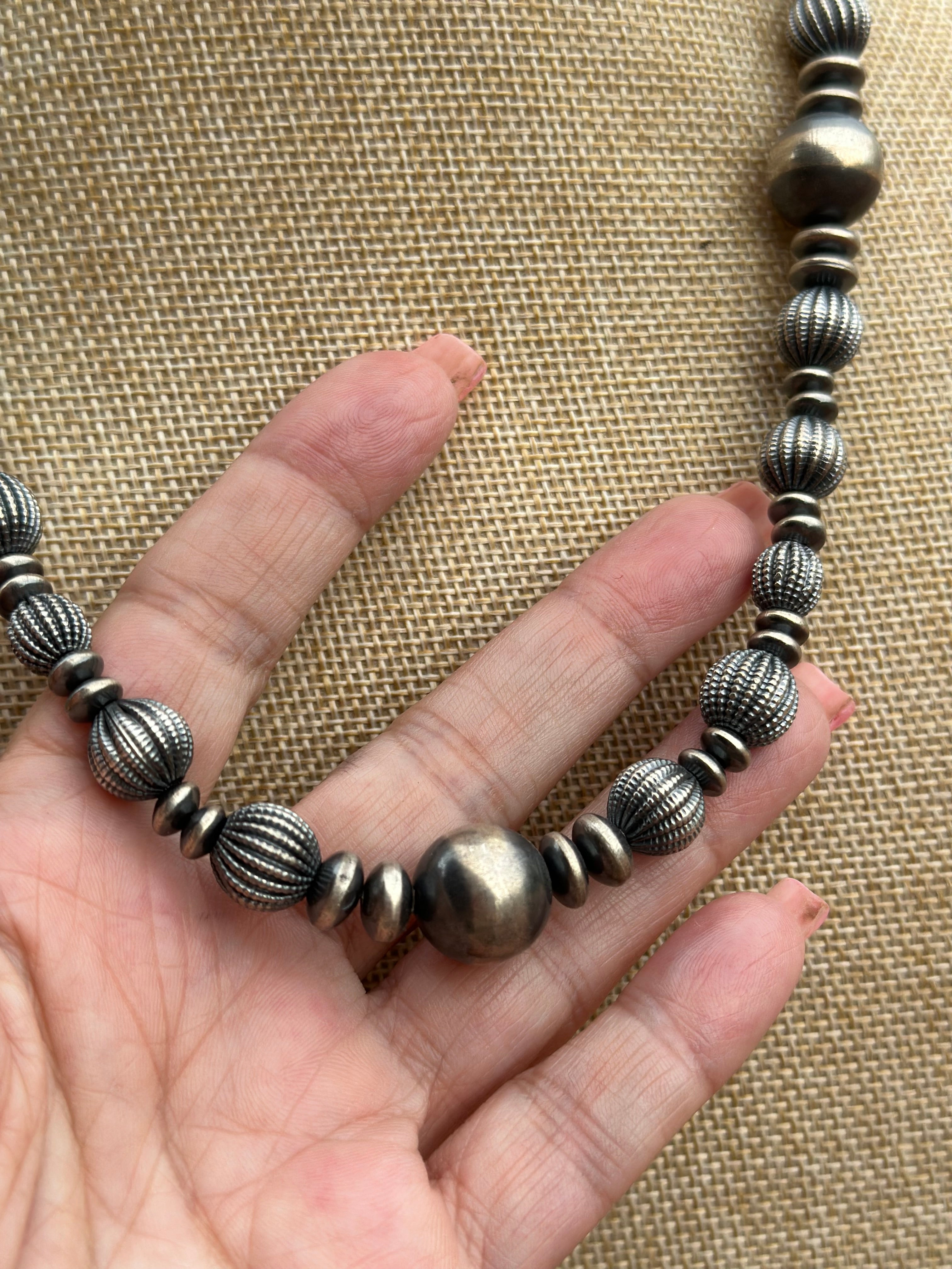 Handmade Sterling Silver Pearl Melon Style Beaded Necklace w/ 2 inch extender