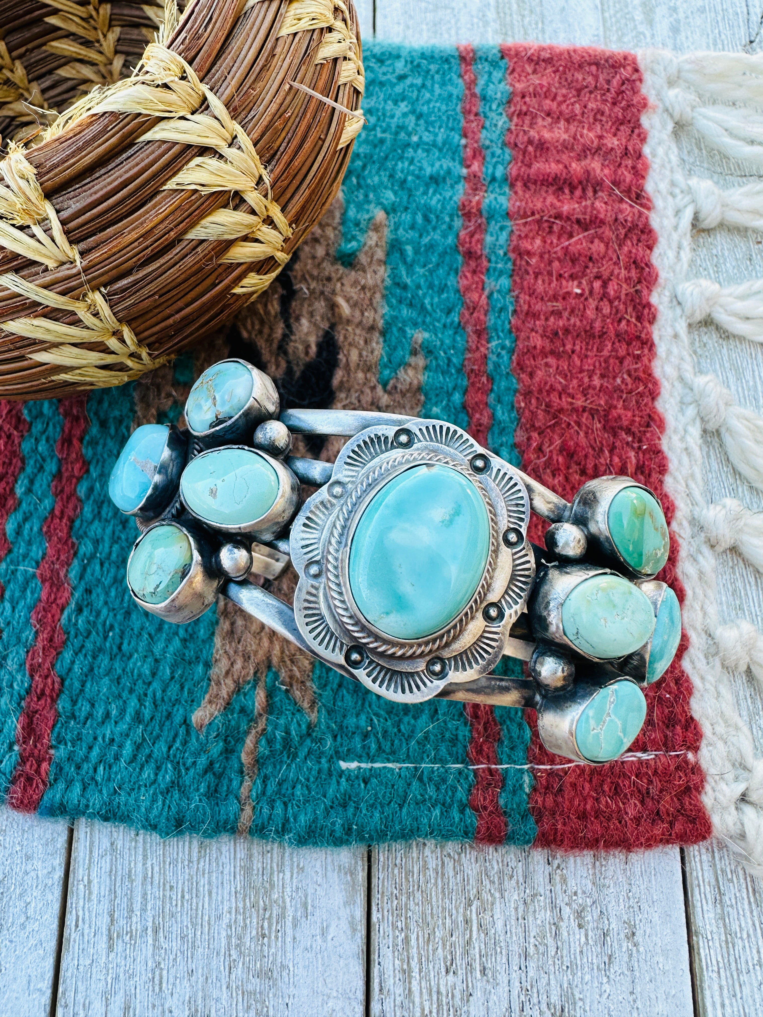 Handcrafted Sterling Silver & Carico Lake Turquoise Cluster Cuff Bracelet by Bobby Johnson