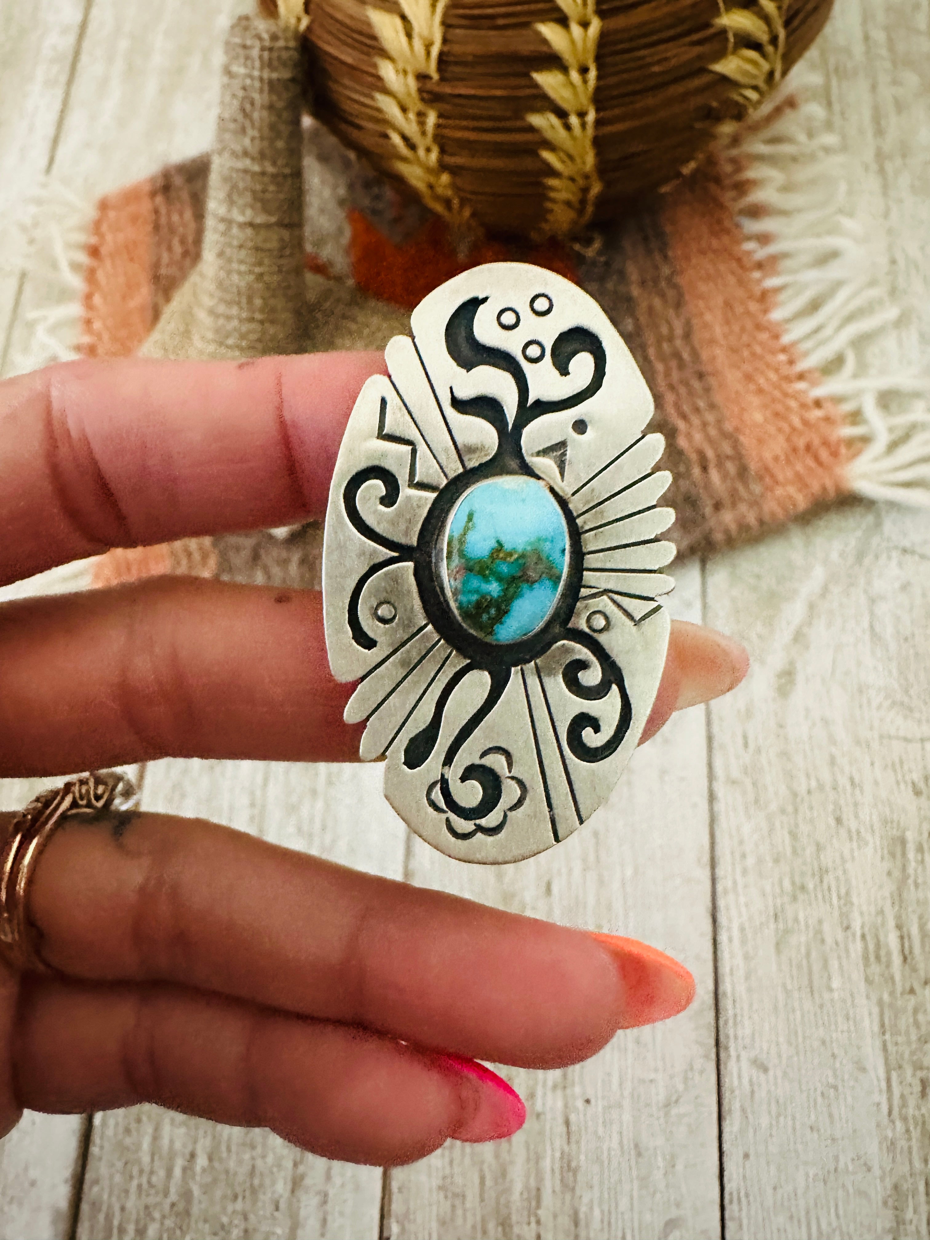 Handcrafted & Hand Stamped Sterling Silver & Sonoran Mountain Turquoise Ring Size 9