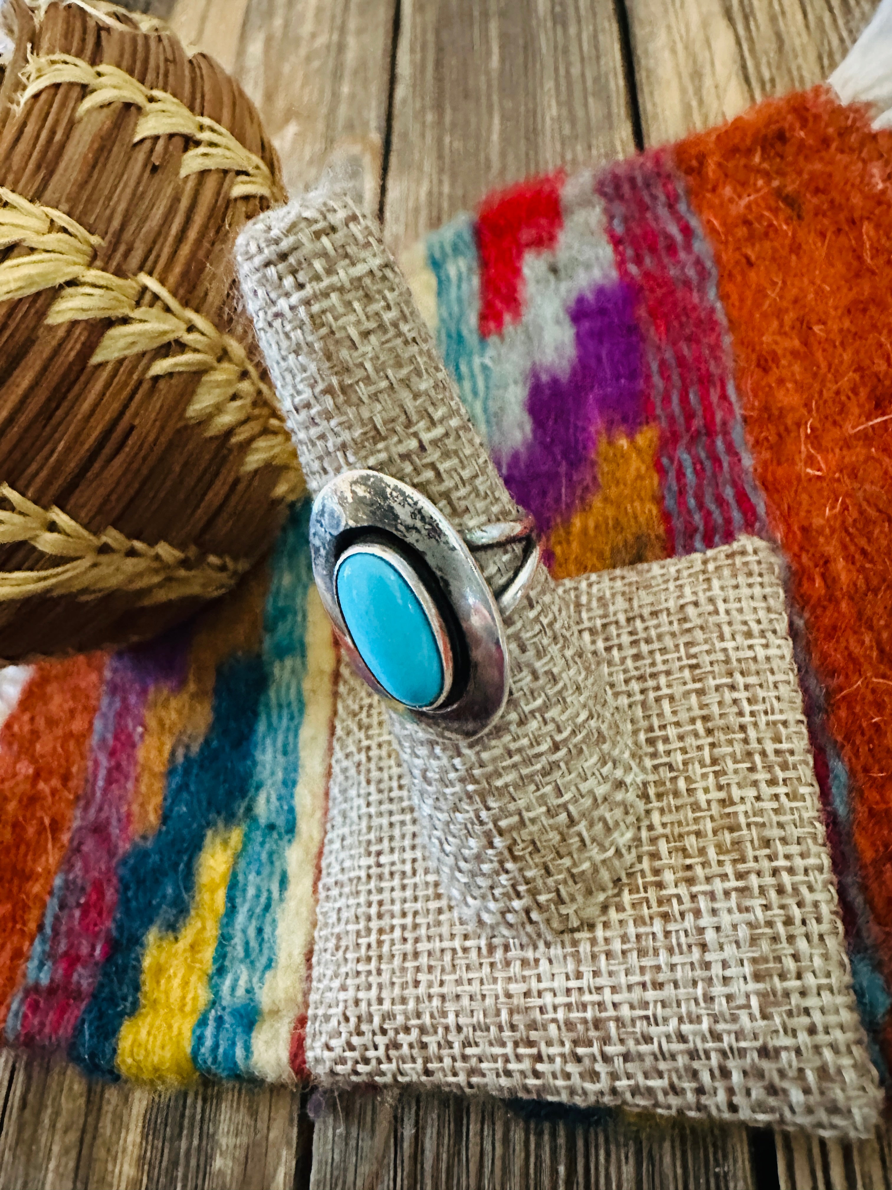 Old Pawn Handcrafted Turquoise & Sterling Silver Ring Size 8