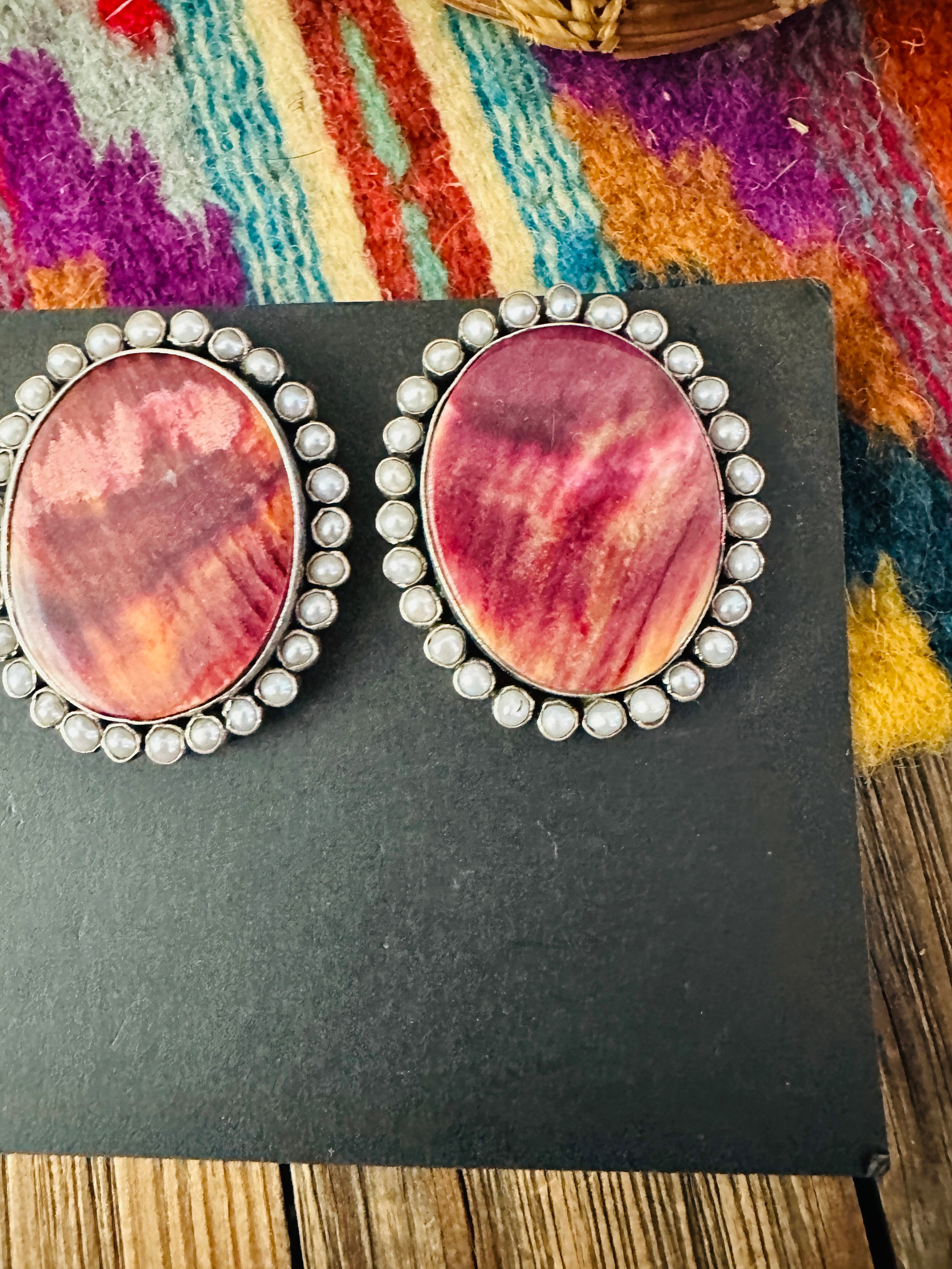 Handcrafted Spiny Oyster, Mother of Pearl & Sterling Silver Clip On Earrings by Federico Jimenez