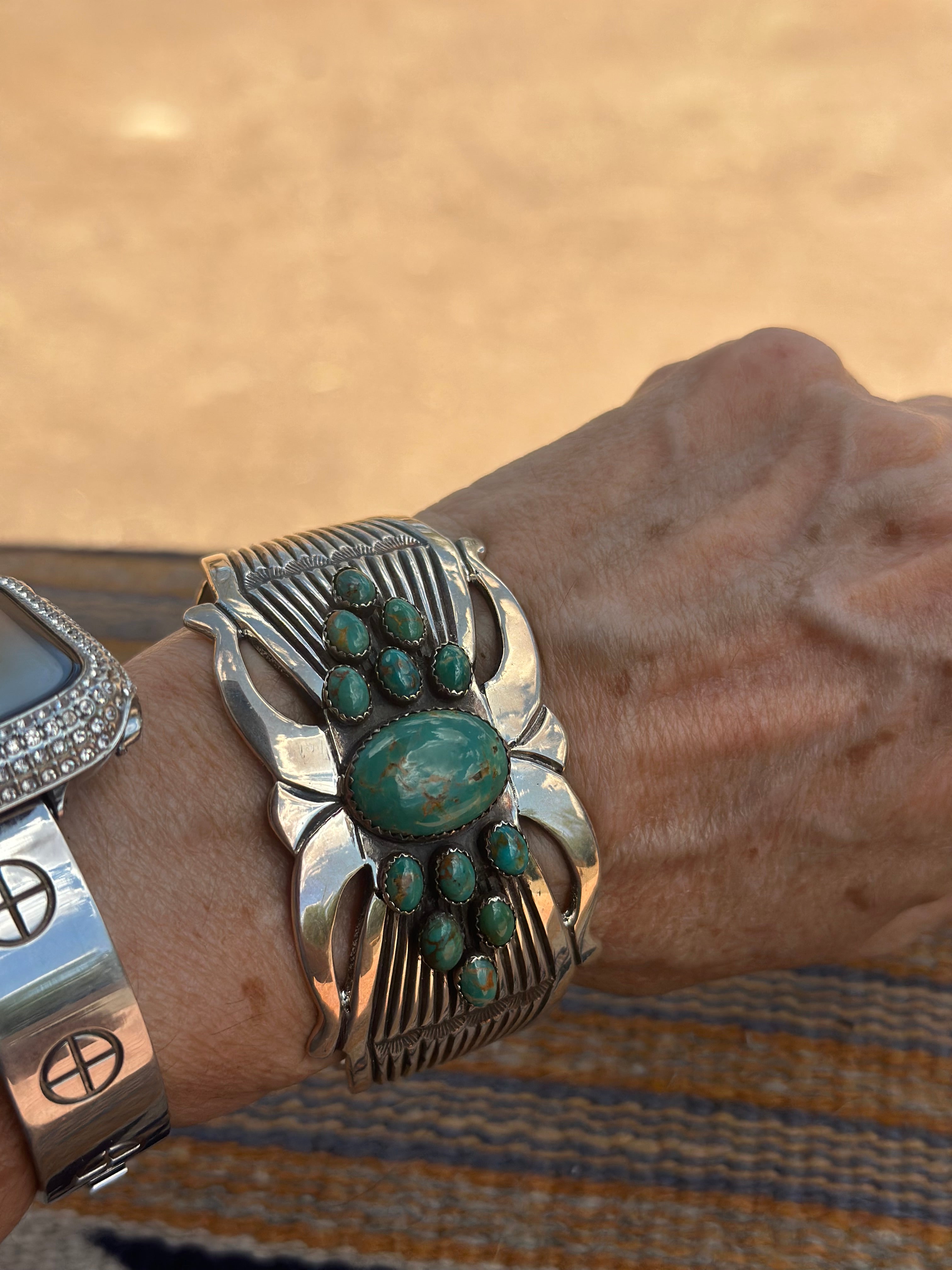 Handcrafted Old Pawn Rick Martinez Turquoise Cluster and Sterling Silver Cuff /