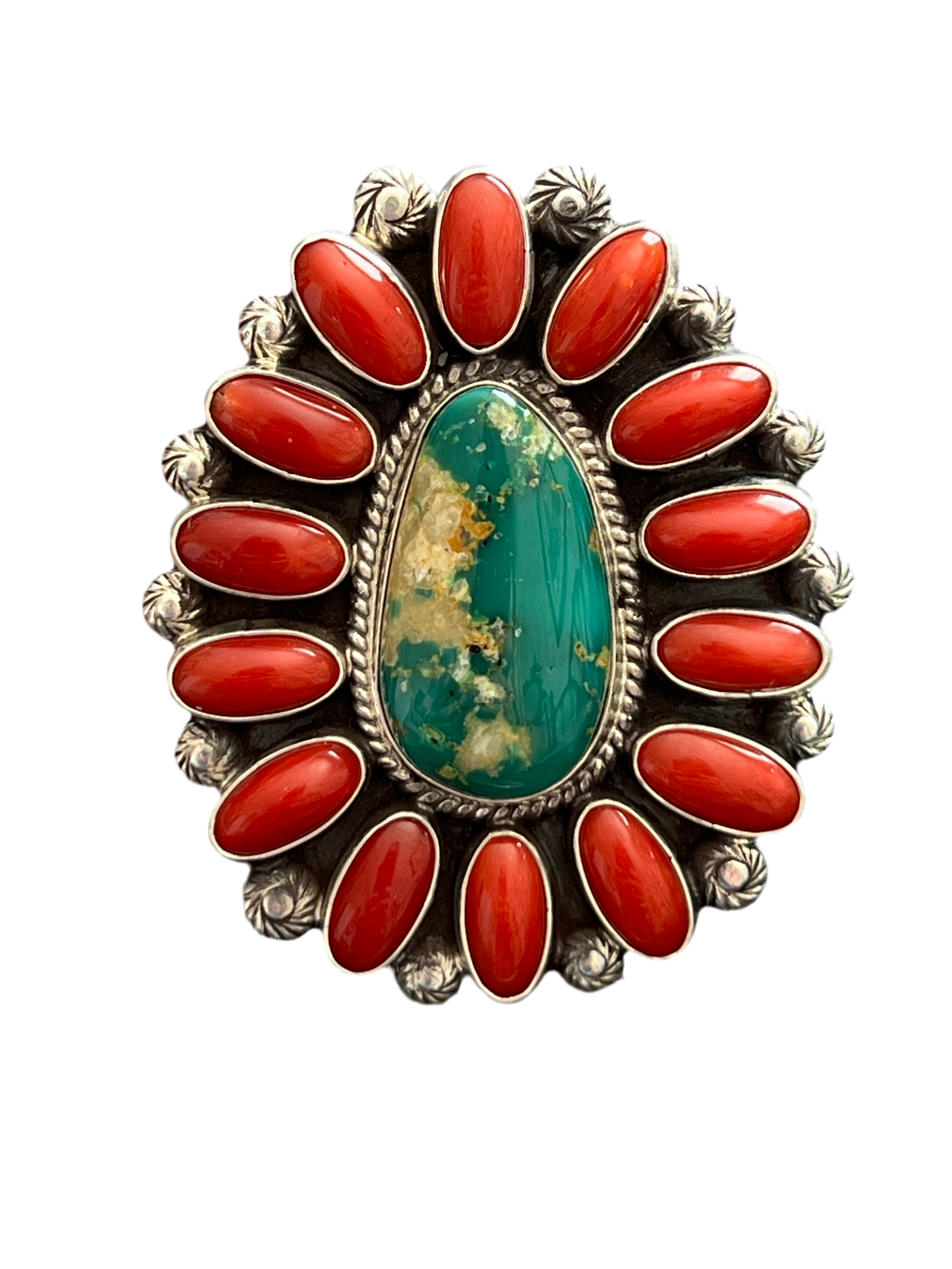 Handcrafted Sterling Silver, Royston Turquoise and Mediterranean Coral Cluster Ring by Tyler Brown, Adjustable