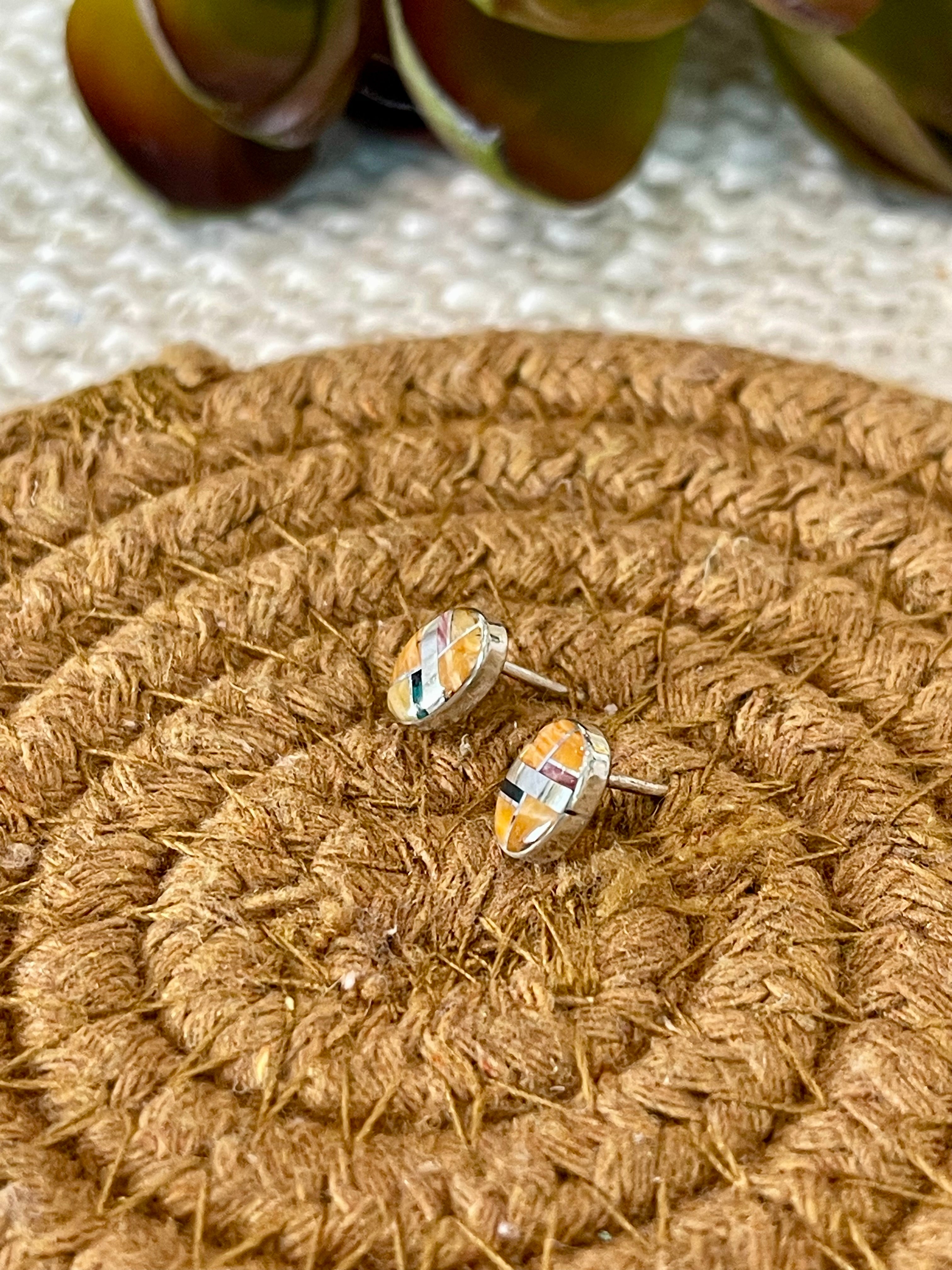 Beautiful Handmade Sterling Silver & Multi Stone Inlay Stud Earrings