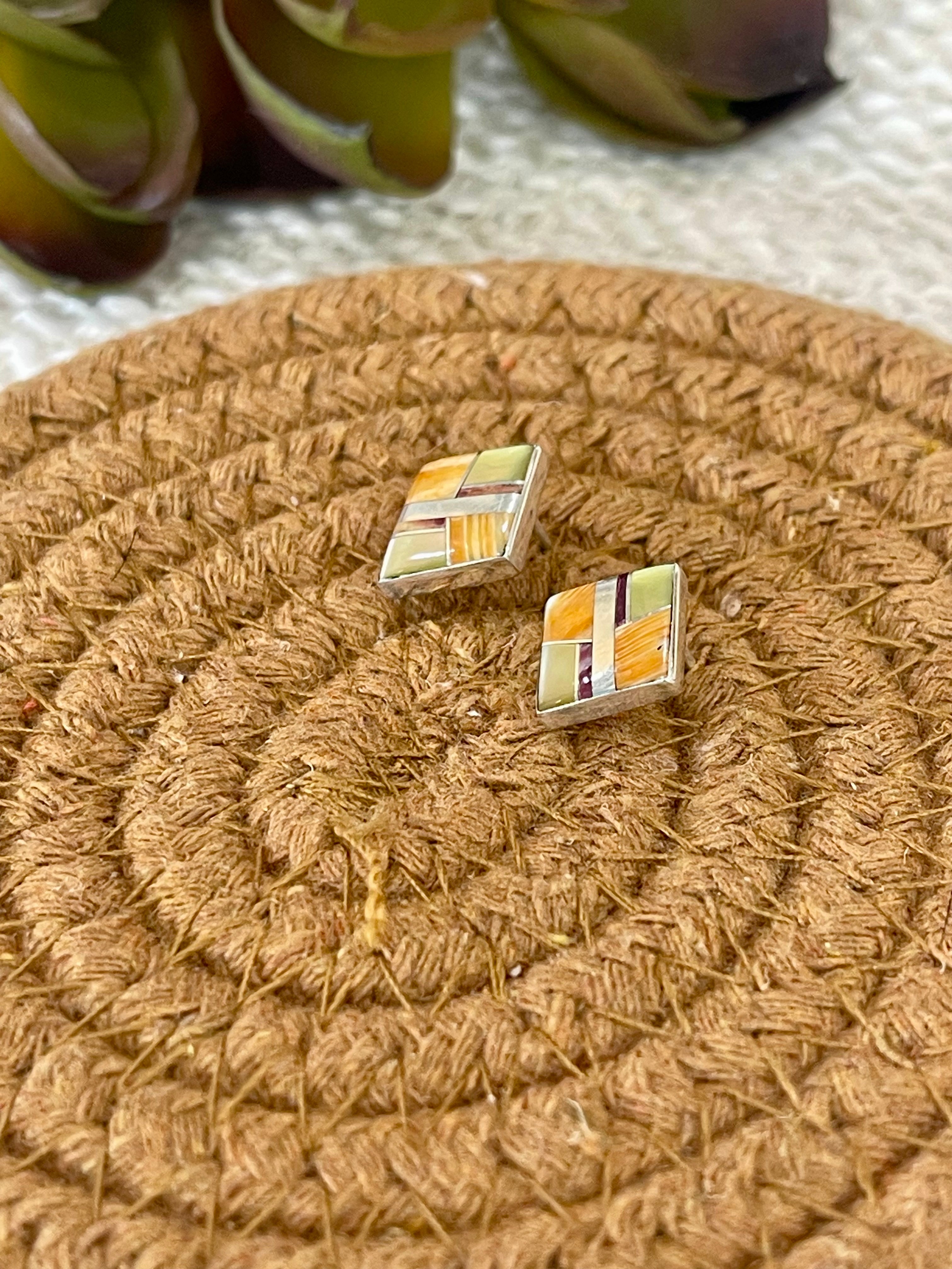 Gorgeous Handmade Sterling Silver & Multi Stone Inlay Stud Earrings