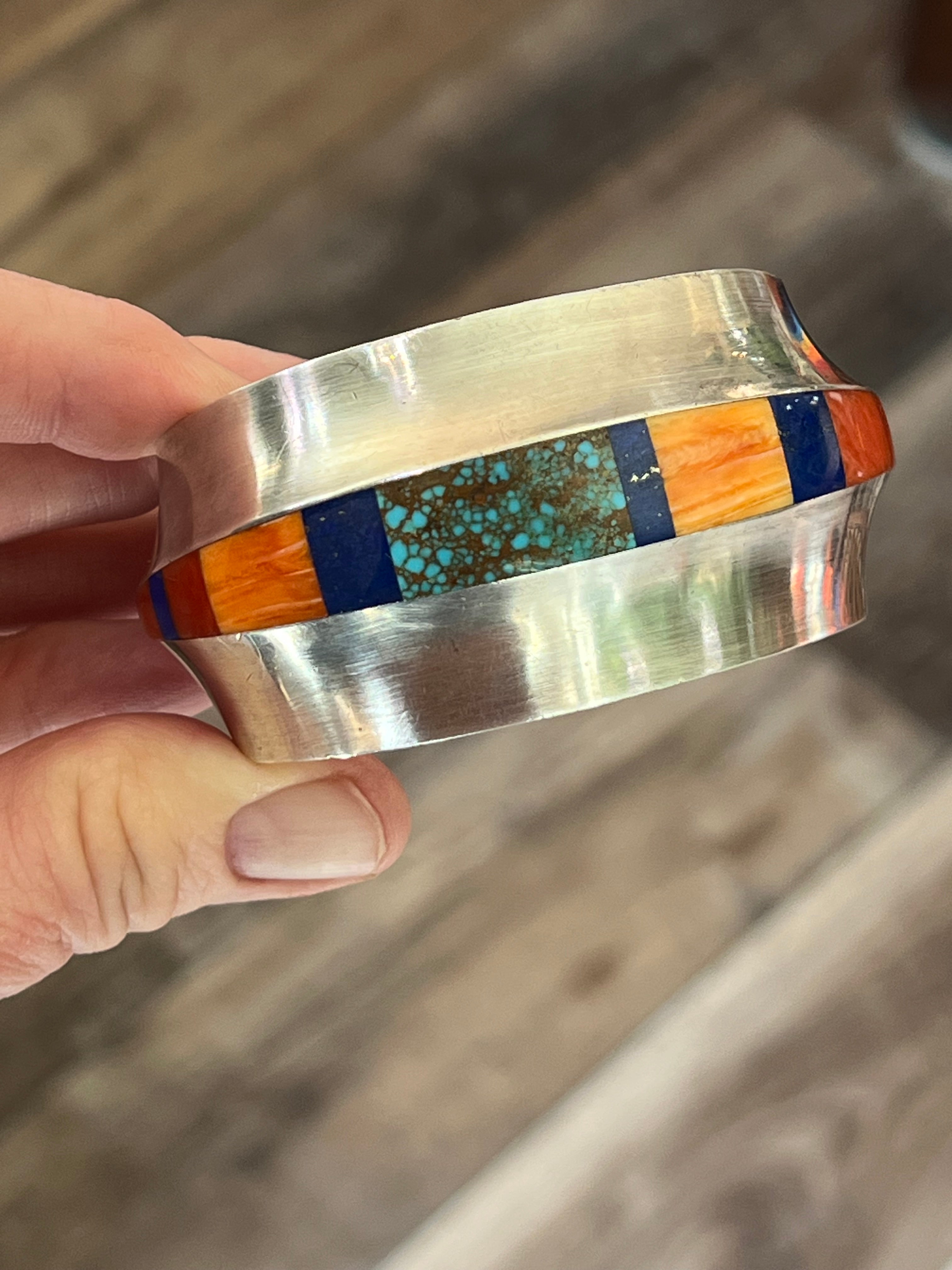 Old Pawn Sterling Silver, Number 8 Turquoise, Lapis, Spiny Oyster and Coral Inlay Cuff Bracelet by Duane Maktima /