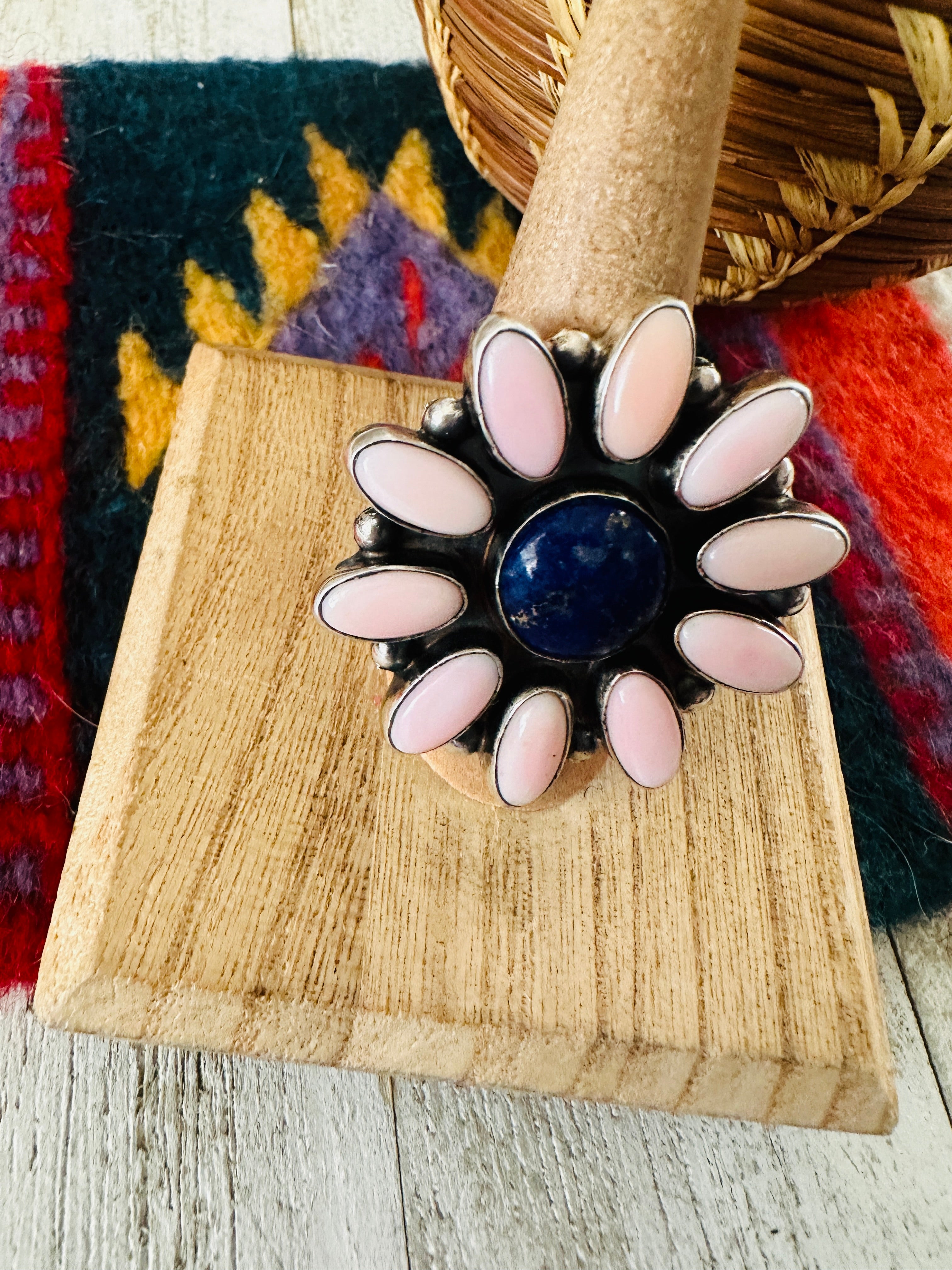 Handcrafted Sterling Silver, Queen Pink Conch Shell & Lapis Cluster Ring