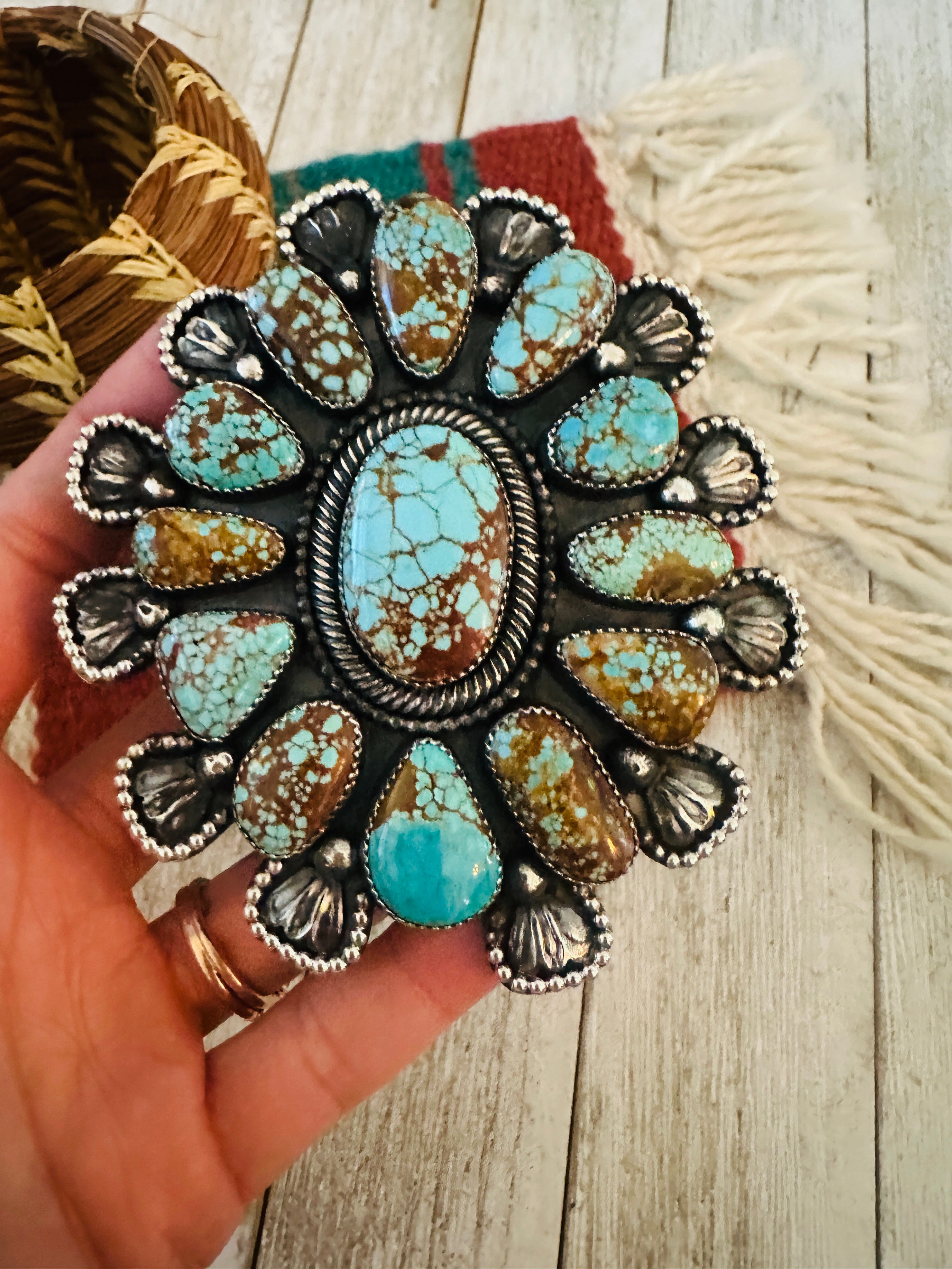 Sterling Silver & Number 8 Turquoise Cluster Cuff Bracelet /