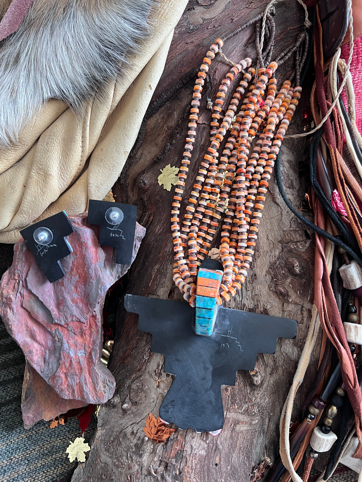 Warren Nieto Inlay Turquoise and Spiny Oyster Thunderbird Necklace & Earrings Set