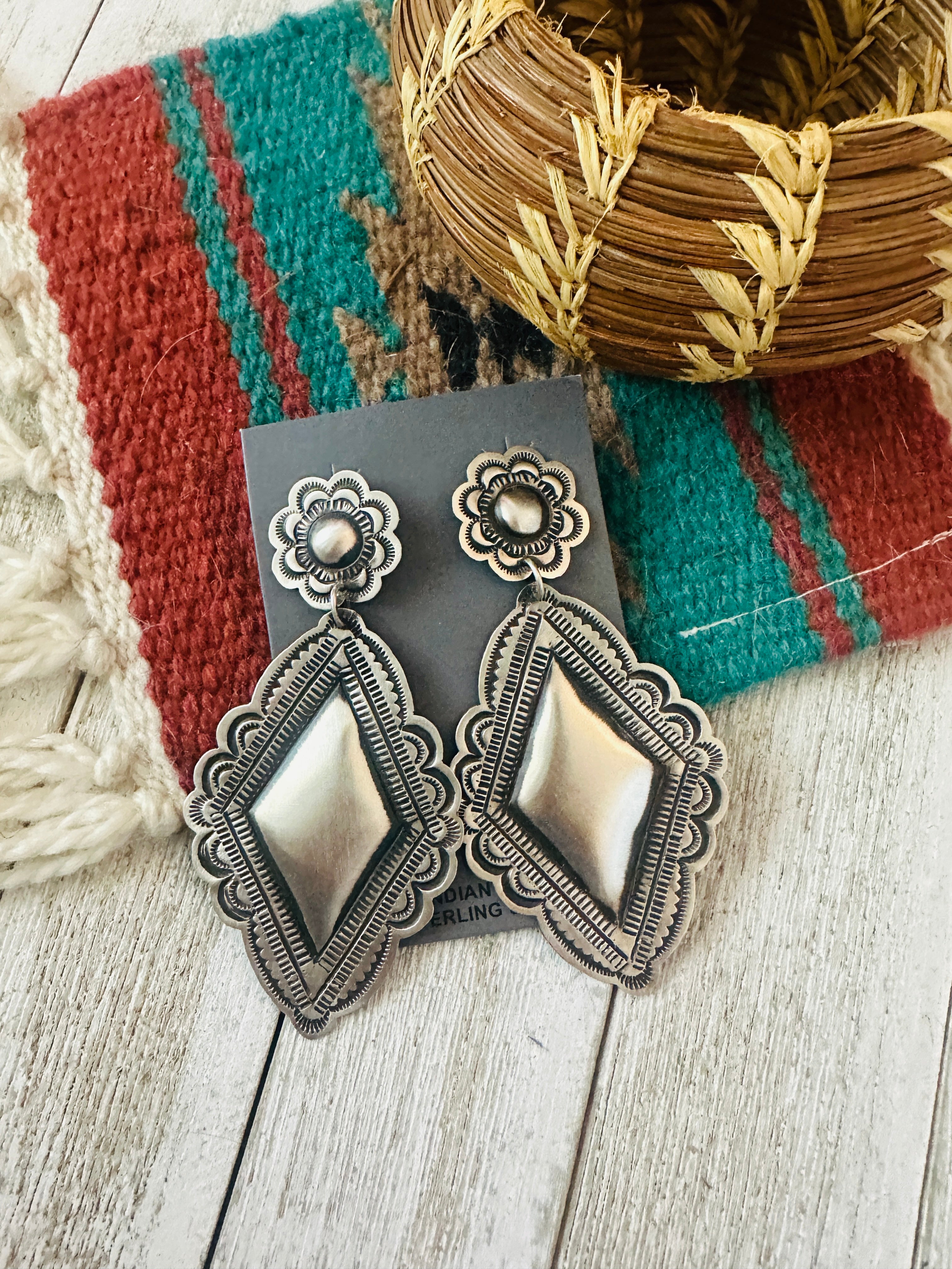 Handcrafted Sterling Silver Concho Dangle Earrings by Leander Tahe