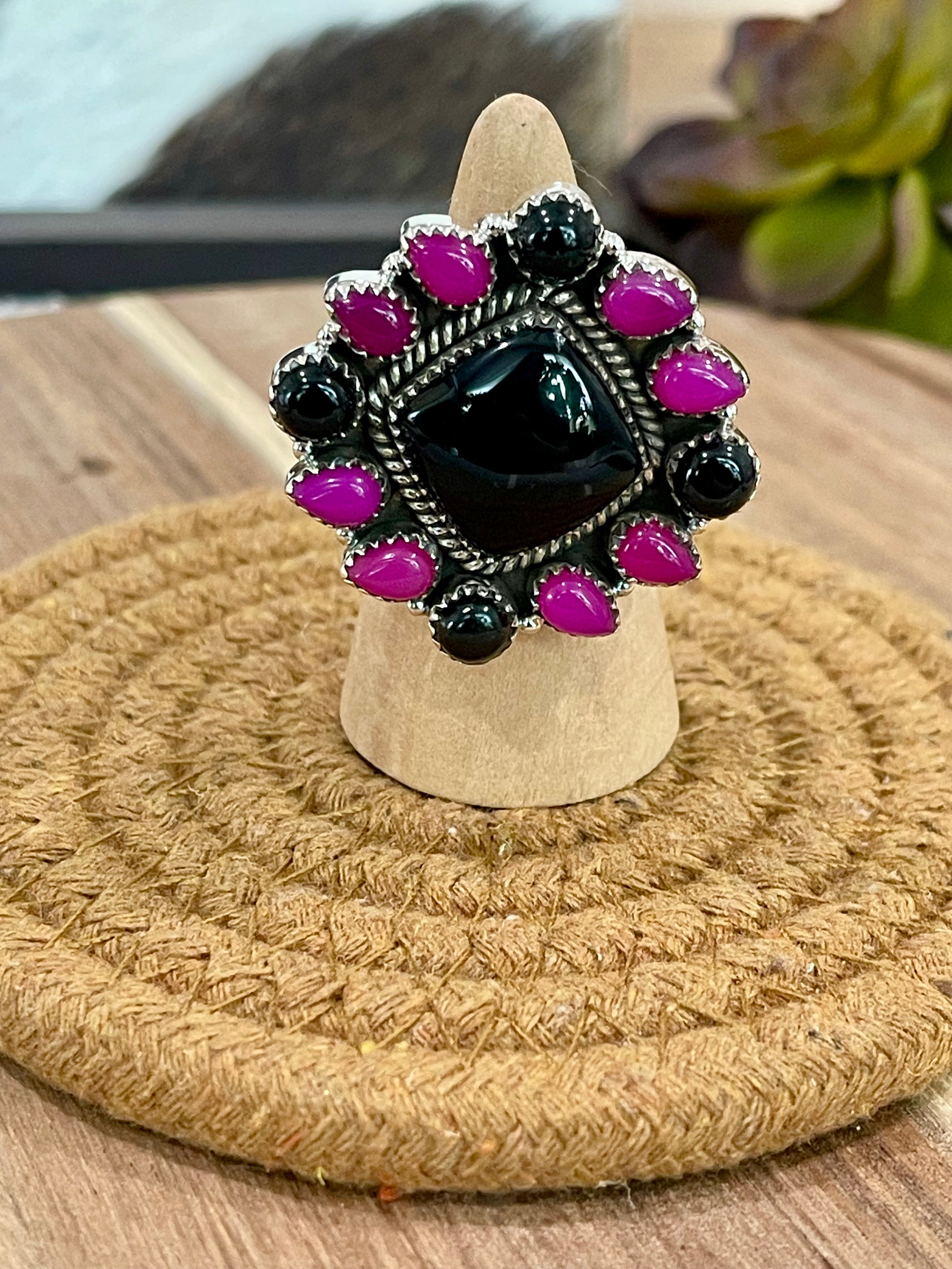 Handmade Sterling Silver, Onyx & Pink Onyx Cluster Adjustable Ring
