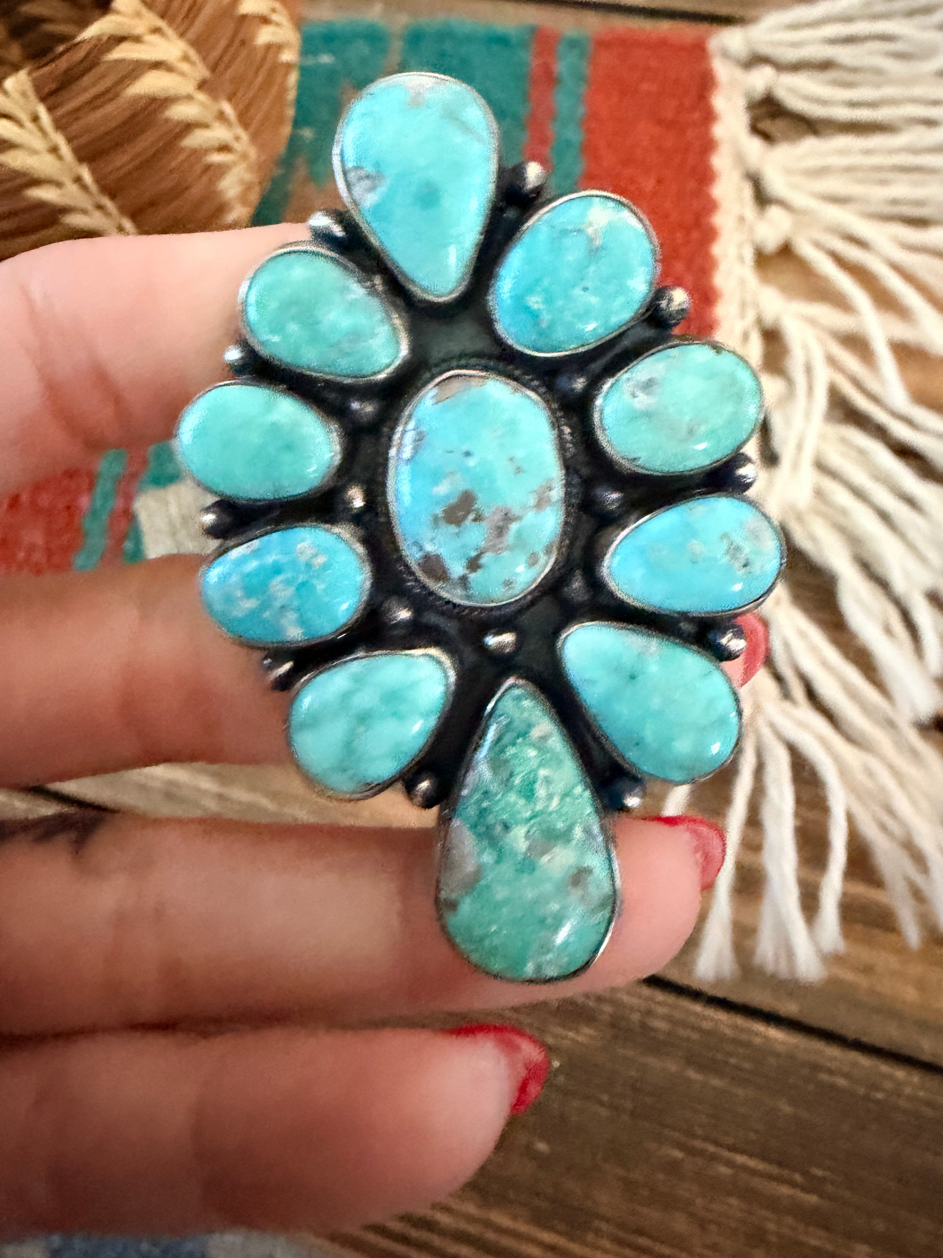 Handcrafted Kingman Turquoise & Sterling Silver Cluster Ring Size 8.25 by Sheila Becenti