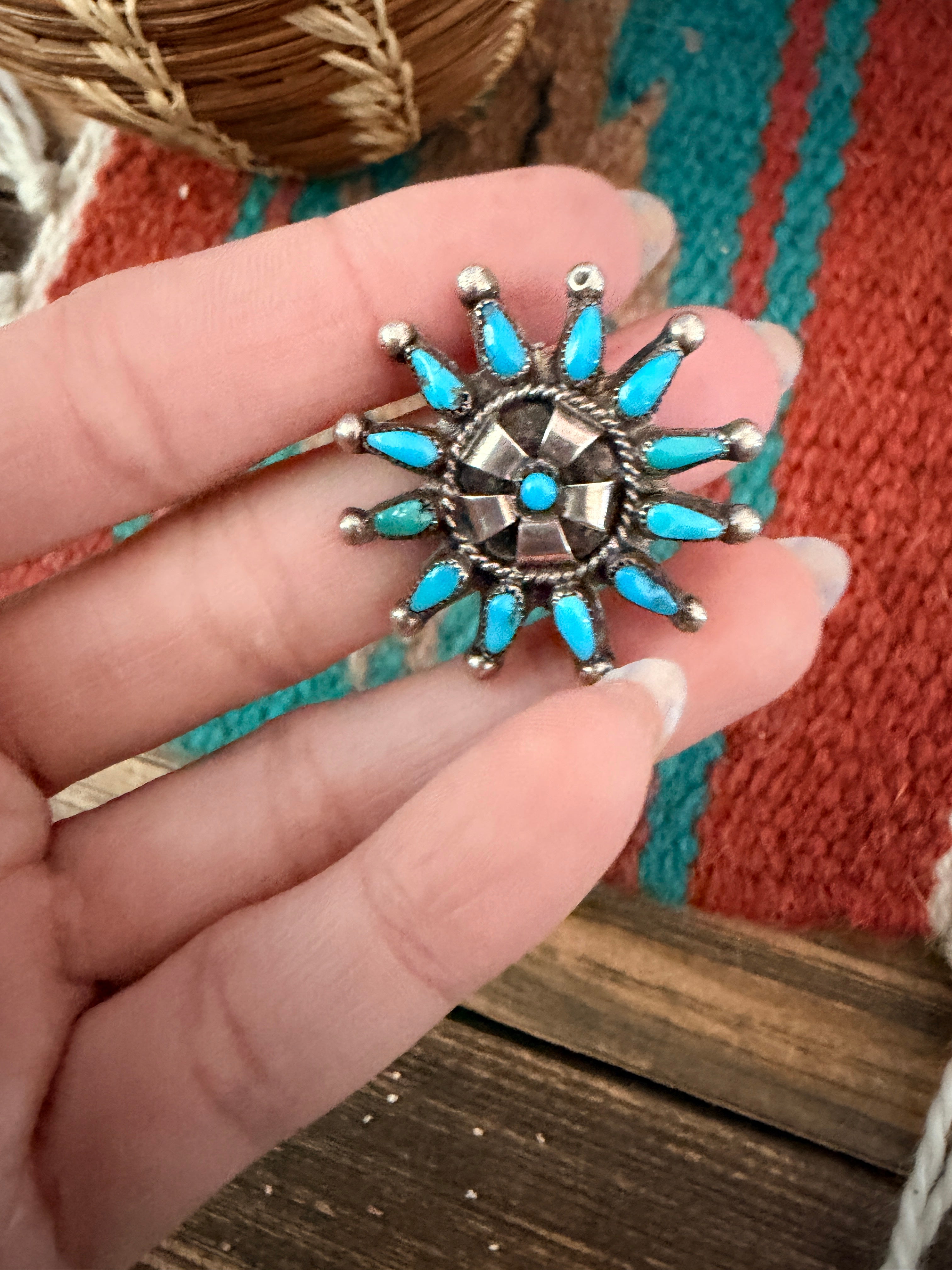 Old Pawn Handcrafted Turquoise and Sterling Silver Cluster Brooch
