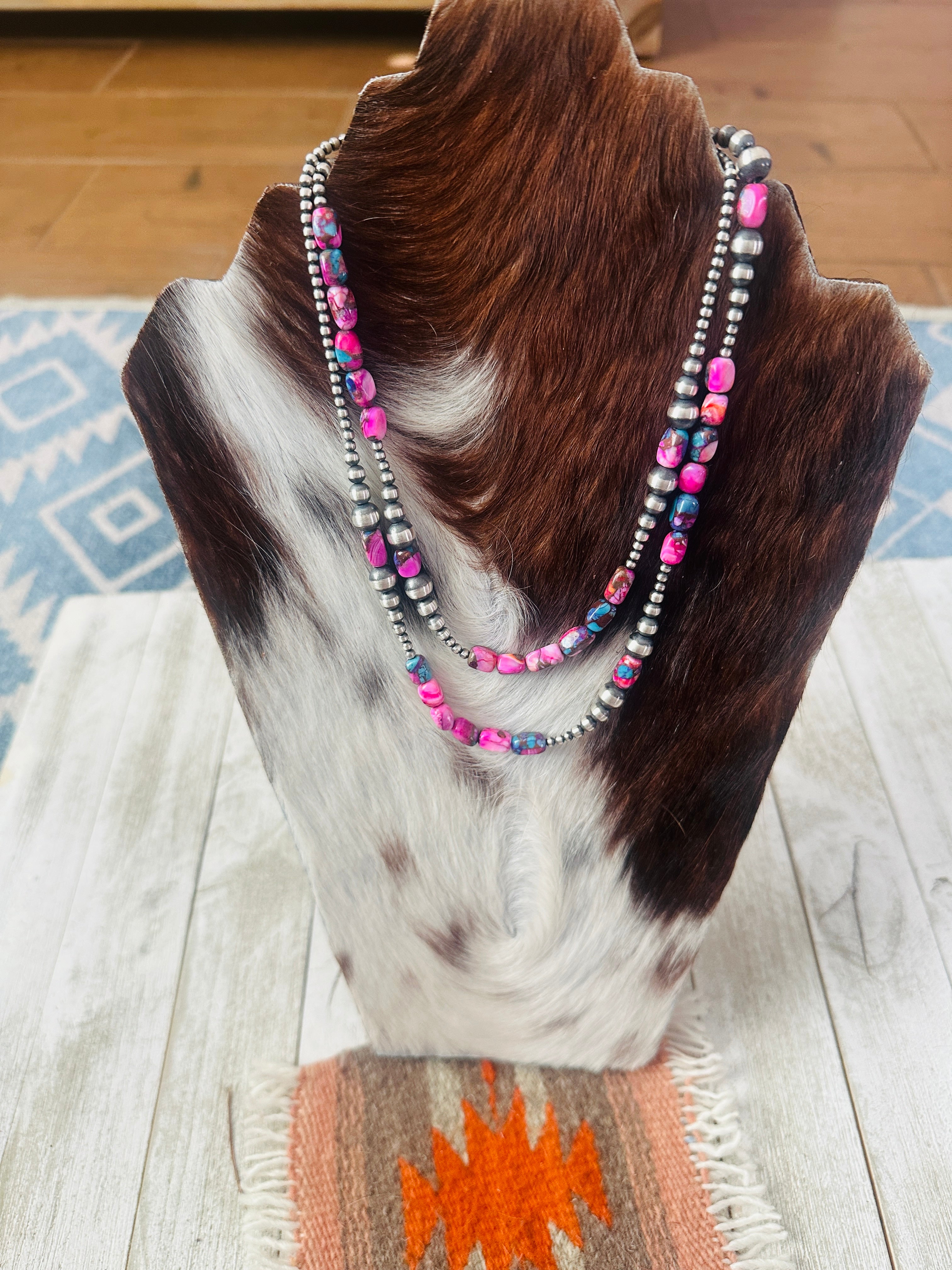 Handcrafted Sterling Silver & Pink Dream Mojave Beaded 36” Necklace