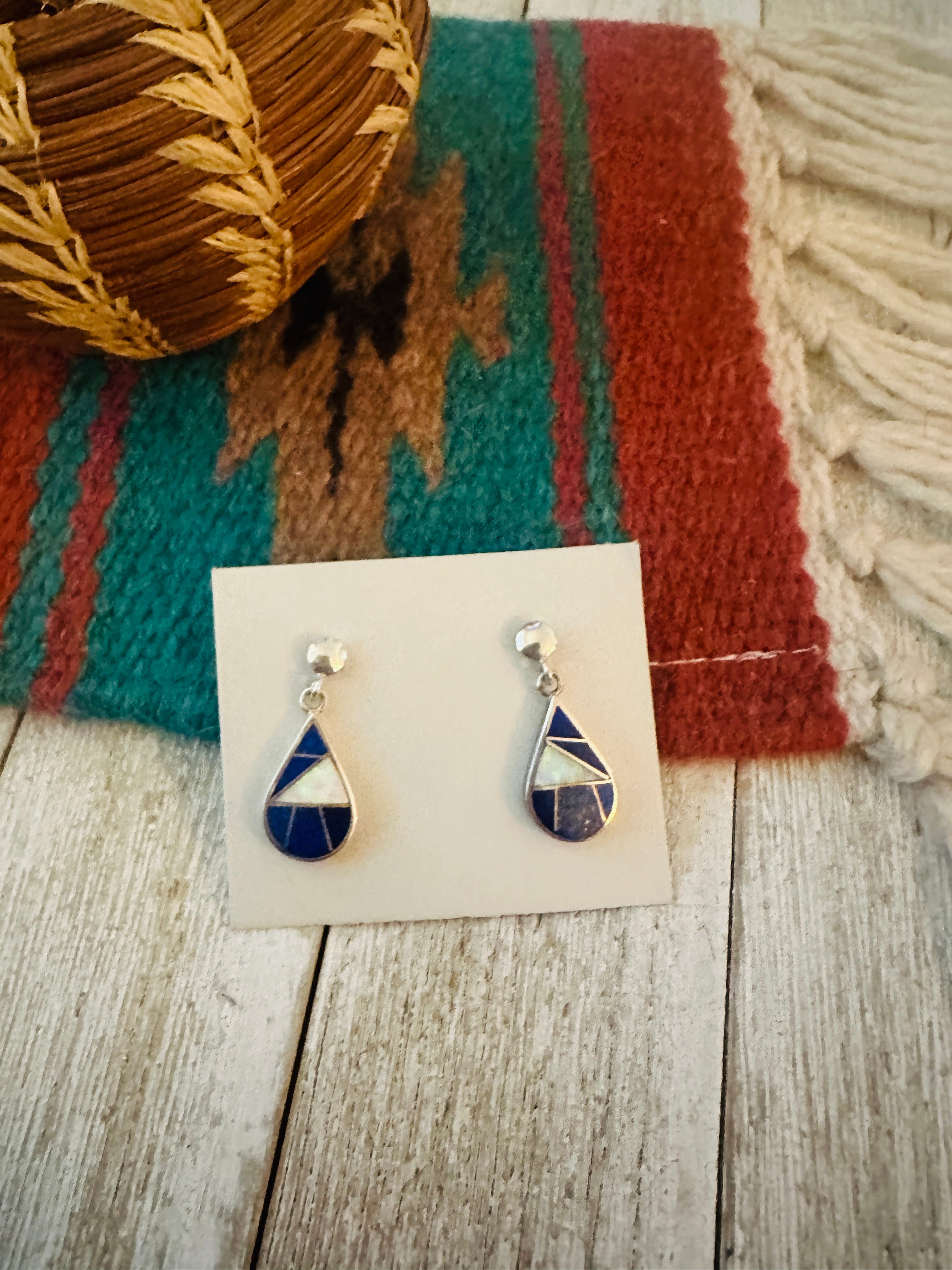 Handcrafted Lapis, Opal & Sterling Silver Inlay Dangle Earrings