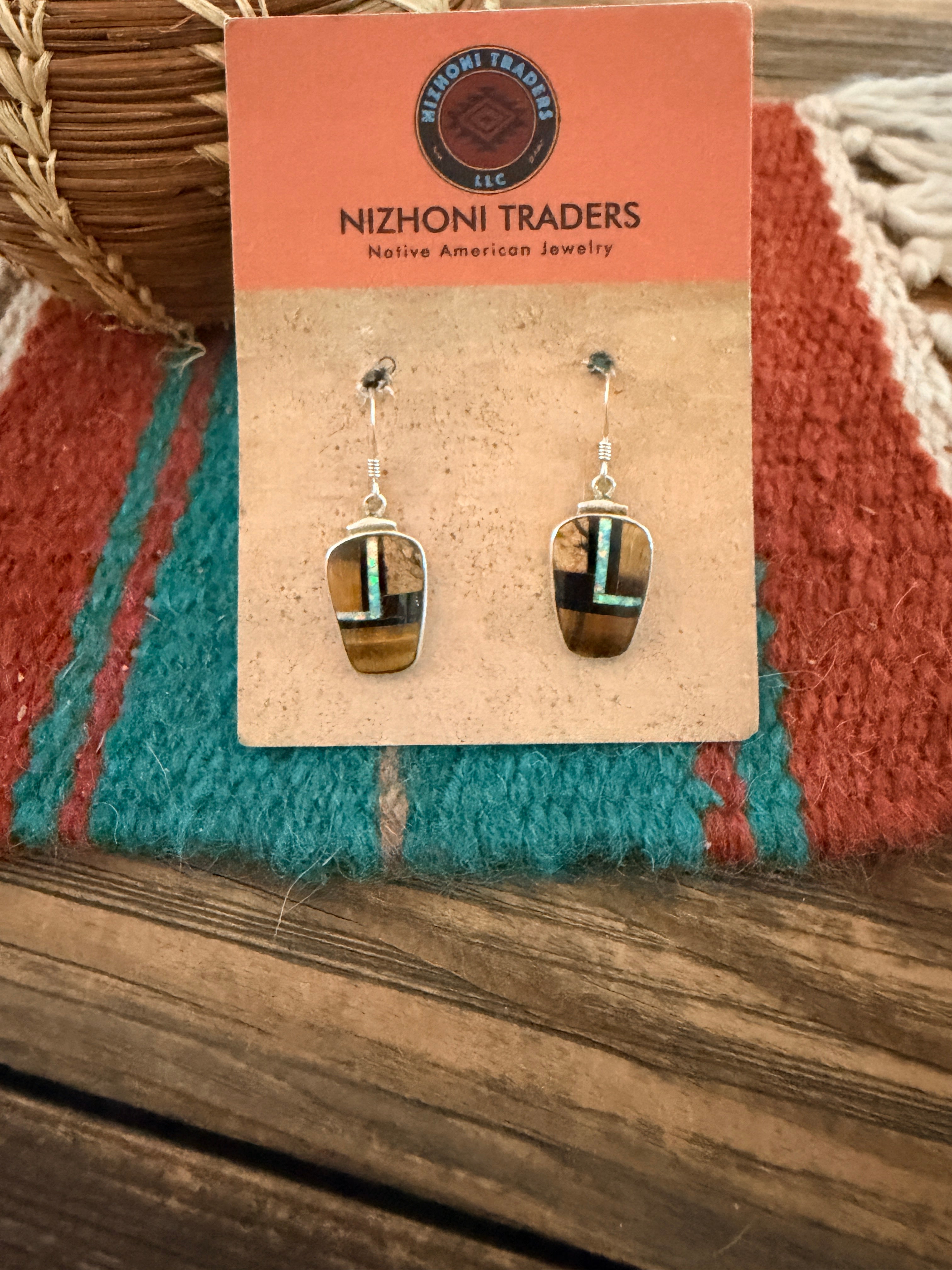 Old Pawn Handcrafted Sterling Silver & Multi Stone Inlay Dangle Earrings