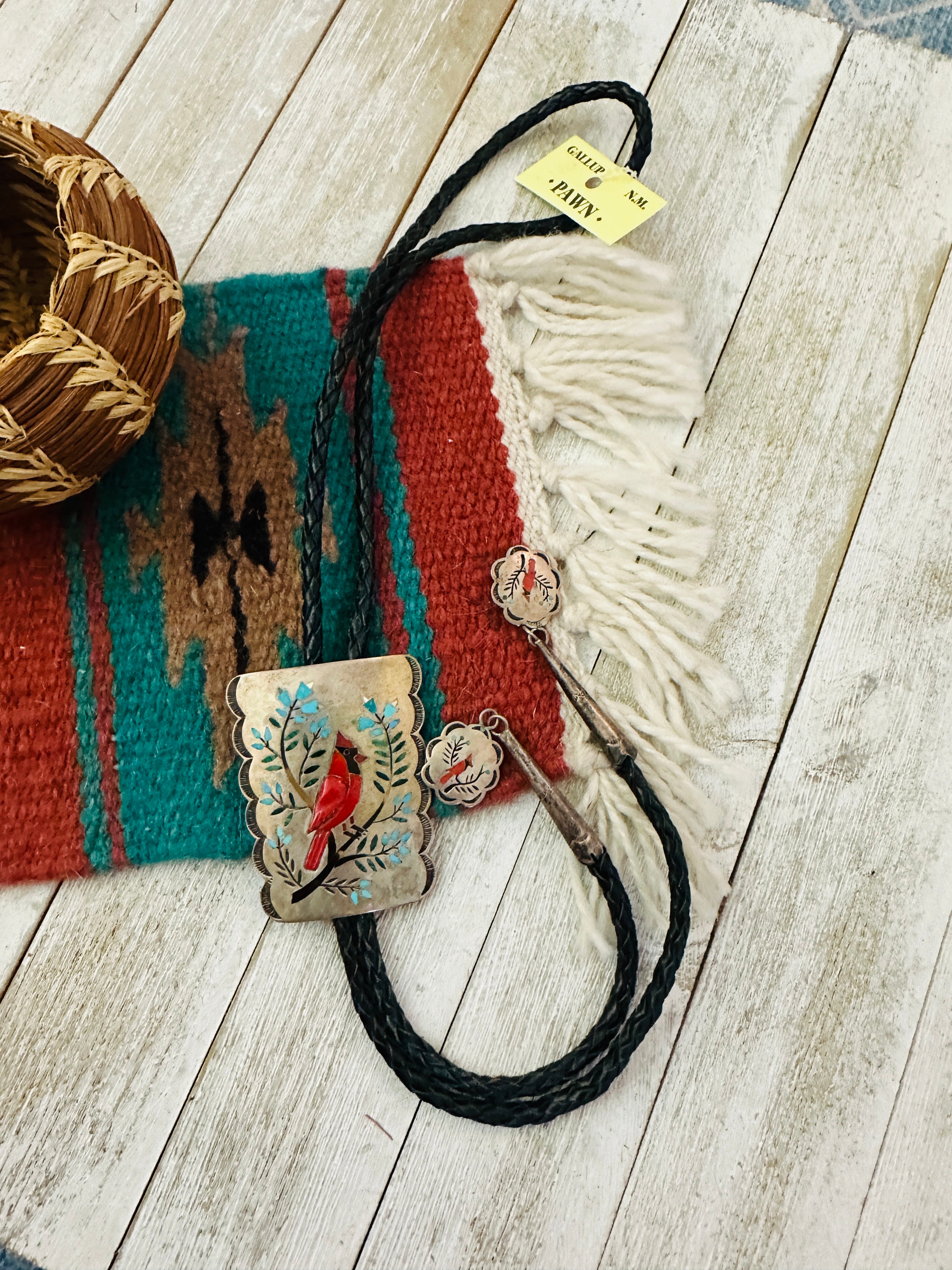 Handcrafted Vintage Old Pawn Sterling Silver & Multi Stone Inlay Cardinal Bolo Tie